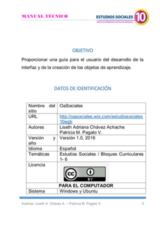 MANUAL TÉCNICO
Autoras: Liseth A. Chávez A. – Patricia M. Pagalo V. 5
OBJETIVO
Proporcionar una guía para el usuario del desarrollo de la
interfaz y de la creación de los objetos de aprendizaje.
DATOS DE IDENTIFICACIÓN
Nombre del
sitio
OaSociales
URL http://oasociales.wix.com/estudiosociales
10egb
Autores Liseth Adriana Chávez Achache
Patricia M. Pagalo V.
Versión y
año
Versión 1.0, 2016
Idioma Español
Temáticas Estudios Sociales / Bloques Curriculares
1- 6
Licencia
PARA EL COMPUTADOR
Sistema Windows y Ubuntu
 