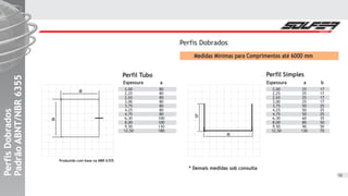 52
Espessura a
Perfil Tubo
2,00
2,25
2,65
3,00
3,75
4,25
4,75
6,30
8,00
9,50
12,50
80
80
80
80
80
80
80
100
100
130
180
Perfil Simples
Espessura a b
2,00
2,25
2,65
3,00
3,75
4,25
4,75
6,30
8,00
9,50
12,50
25
25
25
25
50
50
50
60
80
90
130
17
17
17
17
25
25
25
35
50
50
70
Perfis Dobrados
Medidas Mínimas para Comprimentos até 6000 mm
PerfisDobradosPerfisDobrados
PadrãoABNT/NBR6355PadrãoABNT/NBR6355
PerfisDobrados
PadrãoABNT/NBR6355
Produzido com base na NBR 6355
* Demais medidas sob consulta
a
b
a
a
a
a
 