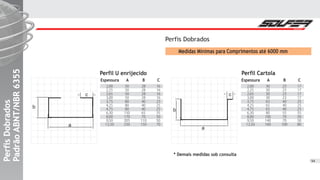 Perfil U enrijecido
Espessura A B C
2,00
2,25
2,65
3,00
3,75
4,25
4,75
6,30
8,00
9,50
12,50
50
50
50
50
80
80
80
150
170
205
250
28
28
28
28
40
40
40
65
70
110
150
16
16
16
16
25
25
25
35
50
50
70
Perfil Cartola
Espessura A B C
2,00
2,25
2,65
3,00
3,75
4,25
4,75
6,30
8,00
9,50
12,50
30
30
30
30
65
65
65
80
100
140
160
23
23
23
23
40
40
40
55
70
70
100
17
17
17
17
25
25
25
35
50
50
80
PerfisDobradosPerfisDobrados
PadrãoABNT/NBR6355PadrãoABNT/NBR6355
PerfisDobrados
PadrãoABNT/NBR6355
Perfis Dobrados
Medidas Mínimas para Comprimentos até 6000 mm
* Demais medidas sob consulta
a
b
c
a
b
c
54
 