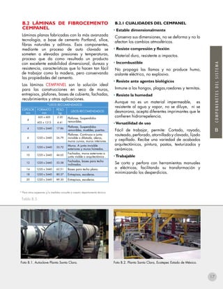 B
COMPONENETESDELSISTEMA
B.2 LÁMINAS DE FIBROCEMENTO
CEMPANEL
Láminas planas fabricadas con la más avanzada
tecnología, a base de cemento Portland, sílice,
fibras naturales y aditivos. Esos componentes,
mediante un proceso de auto clavado se
someten a elevadas presiones y temperaturas,
proceso que da como resultado un producto
con excelente estabilidad dimensional, dureza y
resistencia, características que lo hacen tan fácil
de trabajar como la madera, pero conservando
las propiedades del cemento.
Las láminas CEMPANEL son la solución ideal
para las construcciones en seco de muros,
entrepisos, plafones, bases de cubierta, fachadas,
recubrimientos y otras aplicaciones.
* Para otros espesores y/o medidas consulte a nuestro departamento técnico.
Tabla B.5
Foto B.1. Autoclave Planta Santa Clara. Foto B.2. Planta Santa Clara, Ecatepec Estado de México.
B.2.1 CUALIDADES DEL CEMPANEL
• Estable dimensionalmente
Conserva sus dimensiones, no se deforma y no lo
afectan los cambios atmosféricos.
• Resiste compresión y flexión
Material duro, resistente a impactos.
• Incombustible
No propaga las llamas y no produce humo,
aislante eléctrico, no explosivo.
• Resiste ante agentes biológicos
Inmune a los hongos, plagas,roedores y termitas.
• Resiste la humedad
Aunque no es un material impermeable, es
resistente al agua y vapor, no se diluye, ni se
desmorona, acepta diferentes imprimantes que le
confieren hidrorrepelencia.
•Versatilidad de uso
Fácil de trabajar, permite: Cortado, rayado,
rauteado, perforado, atornillado y clavado, lijado
y cepillado. Recibe una variedad de acabados
arquitectónicos, pintura, pastas, texturizados y
cerámicos.
•Trabajable
Se corta y perfora con herramientas manuales
o eléctricas, facilitando su transformación y
minimizando los desperdicios.
*USOS RECOMENDADOS
ESPESOR
mm
FORMATO
mm
PESO
kg
USOS RECOMENDADOS
4
605 x 605
605 x 1215
2.20
4.41
Plafones. Suspendidos
removibles.
4 1220 x 2440 17.86
Plafones. Suspendidos
removibles, muebles, puertas.
6 1220 x 2440 26.79
Plafones. Continuos a junta
invisible o dilatada, aleros,
muros curvos, muros interiores.
8 1220 x 2440 35.72
Muros. A junta invisible
exteriores y muros húmedos.
10 1220 x 2440 44.65
Fachadas, muros exteriores a
junta visible o arquitectónica .
12 1220 x 2440 53.58
Fachadas, bases para techo
inclinados.
14 1220 x 2440 62.51 Bases para techo plano.
18 1220 x 2440 80.37 Entrepisos, escaleras.
20 1220 x 2440 89.30 Entrepisos, escaleras.
17
 