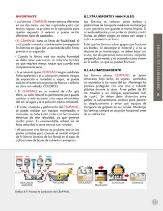 B
COMPONENETESDELSISTEMA
IMPORTANTE
• Las láminas CEMPANEL tienen texturas diferentes
en sus dos caras, una lisa o gravada y otra con
textura rugosa, la primera es la apropiada para
quedar expuesta al exterior y puede recibir
diferentes tipos de acabados.
• El CEMPANEL tiene un límite de flexibilidad, el
cual puede aumentar notablemente sumergiendo
las láminas en agua por un período de ocho horas
previas a su arqueado.
• Cuando la lámina esté con mucha humedad
se debe tener precaución al colocarle tornillos
ya que requiere menos torque que cuando está
completamente seca.
• Si se necesita que el CEMPANEL tenga cualidades
hidrorepelentes o si su ubicación presenta riesgos
de exposición a humedad o vapor, se puede
solicitar el material con primer de fábrica o sellarlo
en obra con sellador COLORCEL.
• El CEMPANEL es un material de color gris
claro, su color natural es permanente pero puede
cambiar si está expuesto a los rayos ultravioletas
del sol, al agua y a la polución medio ambiental.
• El corte, rauteado y perforación del CEMPANEL,
se puede realizar con equipos motorizados o
manuales, se debe evitar cortes con herramientas
eléctricas de alta velocidad, ya que generan
mucho polvo. Es recomendable utilizar los de
baja velocidad o corte manual con rayador.
• Al seccionar una lámina es prudente marcar las
partes cortadas para conocer el sentido original
de la lámina (sentido de las fibras) en el caso de
aplicaciones de bases de cubierta o entrepisos.
B.2.3TRANSPORTEY MANIPULEO
Las láminas se colocan sobre estibas o
plataformas de transporte mediante montacargas
o por operarios con guantes o manos limpias. Si
no están estibadas y con protector plástico contra
lluvias, se deben cargar en carros con carpa o
cubrir el material con lonas.
Evite que las láminas sufran golpes que fracturen
sus bordes. Al descargar el material y si no se
dispone de un montacargas, se deben bajar una
a una, con dos personas como mínimo, cargarlas
perpendicularmente, y no acostadas como vienen
en la estiba, ya que se pueden fracturar.
B.2.4 ALMACENAMIENTO
Las láminas planas CEMPANEL se deben
almacenar bajo techo, en lugares ventilados,
no expuestas a los rayos del sol. Mantenga los
paneles protegidos con una lona o cubierta
plástica durante la obra. Arme pallets de 80
cm máximo y no coloque superpuestos más
de cuatro. Se deben dejar distancias entre
pallets lo suficientemente amplias para permitir
su desplazamiento y evitar que equipos de
transporte las golpeen en sus bordes. Mantenga
las láminas siempre en posición horizontal antes
de su instalación.
Gráfico B.9. Proceso de producción del CEMPANEL.
19
 