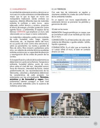 C.1
MUROSSECOS
C.1.4 AISLAMIENTOS
La cantidad de aislamiento acústico y térmico en un
muro seco sin nucleo aislante es considerablemente
mayor que la que se logra en muros con
mampostería tradicional, siendo similares sus
espesores. Además diferentes tipos de materiales
aislantes le confieren a estos muros secos
adecuado confort térmico y acústico, propician
el ahorro de energía y brindan protección contra
agentes físicos y ambientales. El espesor de las
láminas CEMPANEL que emplacan un muro, está
relacionado con su mayor o menor aislamiento.
Los materiales o elementos usados como aislantes
de ruido, humedad, calor, fuego, impacto,
vibraciones, etc., se disponen dentro del muro,
en sus puntos de unión contra otras estructuras y
sobre sus paramentos. Los mantos y paneles de
fibra de vidrio, fibra mineral o poliestireno entre
otros, son además de aislantes térmicos excelentes
aislantes acústicos por su capacidad de absorción
y amortiguación de las ondas de presión de los
sonidos.
En la especificación y cálculo de los aislamientos se
deben tener en cuenta varios factores: Temperatura
ambiente, humedad relativa, punto de rocío,
altura sobre el nivel del mar, intensidad sonora,
focos de vibración, intensidad de lluvias, vientos
predominantes etc. Las recomendaciones de los
fabricantes, calculistas y diseñadores determinan
las características de cada proyecto. Los
aislamientos son tres principalmente: Térmicos,
acústicos y de humedad y vapor. Estos
aislamientos intentan conseguir un buen nivel
de comodidad, entendida como la ausencia de
molestias sensoriales.
C.1.4.1 TÉRMICOS
Con este tipo de aislamiento se regulan y
mantienen estables los niveles de confort térmico
de los ambientes tratados.
En un espacio con muros especializados en
aislamiento térmico se previenen las pérdidas y
ganancias de calor.
• El calor en los muros
RADIACIÓN: Energía emitida por un cuerpo, que
se convierte en calor al ser recibida por las caras
de un muro.
CONVECCIÓN: Es el Intercambio de calor entre
materias de diferentes o iguales estados (sólido,
líquido o gaseoso).
CONDUCCIÓN: Es el calor que se trasmite de
un cuerpo sólido al muro, al estar en contacto
directo con éste.
Tabla C.1.3.
Foto C.1.10. Muro interiores, Deportivo la Loma, San Luis
Potosi
Foto C.1.11. Edificio San Antonio, México Distrito Federal
AISLANTES TÉRMICOS
Material Conductividad térmica
Lana de vidrio 0,056 a 0,030 W/mK
Espuma de poliestireno 0,041 a 0,039 W/mK
Espuma de poliuretano 0,021 a 0,019 W/mK
Espuma celulósica 0,023 a 0,021 W/mK
CEMPANEL 0,346 W/mK
43
 