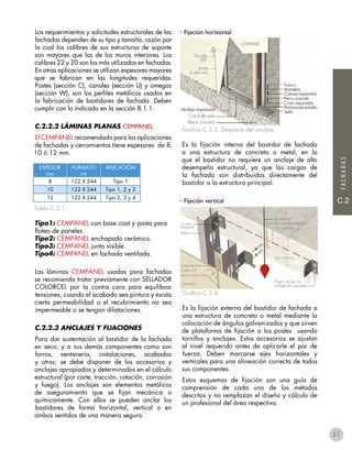 FACHADAS
C.2
• Fijación horizontal
Gráfico C.2.3. Despiece del anclaje.
Es la fijación interna del bastidor de fachada
a una estructura de concreto o metal, en la
que el bastidor no requiere un anclaje de alto
desempeño estructural, ya que las cargas de
la fachada son distribuidas directamente del
bastidor a la estructura principal.
• Fijación vertical
Gráfico C.2.4
Es la fijación externa del bastidor de fachada a
una estructura de concreto o metal mediante la
colocación de ángulos galvanizados y que sirven
de plataforma de fijación a los postes usando
tornillos y anclajes. Estos accesorios se ajustan
al nivel requerido antes de aplicarle el par de
fuerza. Deben marcarse ejes horizontales y
verticales para una alineación correcta de todos
sus componentes.
Estos esquemas de fijación son una guía de
comprensión de cada uno de los métodos
descritos y no remplazan el diseño y cálculo de
un profesional del área respectiva.
Los requerimientos y solicitudes estructurales de las
fachadas dependen de su tipo y tamaño, razón por
la cual los calibres de sus estructuras de soporte
son mayores que las de los muros interiores. Los
calibres 22 y 20 son los más utilizados en fachadas.
En otras aplicaciones se utilizan espesores mayores
que se fabrican en las longitudes requeridas.
Postes (sección C), canales (sección U) y omegas
(sección W), son los perfiles metálicos usados en
la fabricación de bastidores de fachada. Deben
cumplir con lo indicado en la sección B.1.1.
C.2.2.2 LÁMINAS PLANAS CEMPANEL
El CEMPANEL recomendado para las aplicaciones
de fachadas y cerramientos tiene espesores de 8,
10 ó 12 mm.
Tabla C.2.1
Tipo1: CEMPANEL con base coat y pasta para
floteo de paneles.
Tipo2: CEMPANEL enchapado cerámico.
Tipo3: CEMPANEL junta visible.
Tipo4: CEMPANEL en fachada ventilada.
Las láminas CEMPANEL usadas para fachadas
se recomienda tratar previamente con SELLADOR
COLORCEL por la contra cara para equilibrar
tensiones, cuando el acabado sea pintura y exista
cierta permeabilidad o el recubrimiento no sea
impermeable o se tengan dilataciones.
C.2.2.3 ANCLAJES Y FIJACIONES
Para dar sustentación al bastidor de la fachada
en seco, y a sus demás componentes como son
forros, ventanería, instalaciones, acabados
y otros; se debe disponer de los accesorios y
anclajes apropiados y determinados en el cálculo
estructural (por corte, tracción, rotación, corrosión
y fuego). Los anclajes son elementos metálicos
de aseguramiento que se fijan mecánica o
químicamente. Con ellos se pueden anclar los
bastidores de forma horizontal, vertical o en
ambos sentidos de una manera segura.
ESPESOR
mm
FORMATO
cm
APLICACIÓN
8 122 X 244 Tipo 1
10 122 X 244 Tipo 1, 2 y 3
12 122 X 244 Tipo 2, 3 y 4
51
 