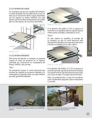 C.3
ENTREPISOS
Gráfico C.3.9. Tipo 1
A la derecha del gráfico C.3.9 se aprecia la
canal de cierre apoyada sobre la viga de soporte,
ambas piezas ancladas y adosadas al muro.
• Tipo 2
En este sistema se simplifica el armado de
un entrepiso ya que la canal estructural está
directamente adosada a las vigas de la estructura
y facilita su acabado por la cara inferior.
Gráfico C.3.10. Tipo 2
A la derecha del Gráfico C.3.10 se aprecia la
canal de cierre de viguetas directamente ancladas
a la superficie de la viga de la estructura principal,
con lo que se logra un acople estructural limpio.
Nota: Los entrepisos tipo 1 y tipo 2 se consideran
como simplemente apoyados sobre mampostería
o concreto.
C.3.3.2 SISTEMA NO LINEAL
Se caracteriza porque las viguetas del entrepiso
no están alineadas con los postes de los muros, en
este caso la transmisión de las cargas absorbidas
por las viguetas se realiza mediante una viga
tubular que las transfiere directamente a los postes
del muro de soporte, de una forma distribuida.
Gráfico C.3.8
C.3.3.3 SISTEMA ADOSADO
Otra forma de ejecutar un entrepiso se presenta
cuando el mismo se encuentra en un espacio
confinado por construcción en mampostería de
bloque, ladrillo o de concreto.
• Tipo 1
Se caracteriza porque la canal estructural que
contiene las viguetas se encuentra adosada a la
mampostería y apoyada sobre una viga metálica
que está igualmente adosada.
Foto C.3.5. Tratamiento de juntas con Base Coat CAMPANEL
estándar.
Foto C.3.6. Secciones de entrepiso para balcón
Hotel Xpu-Ha Cancun Quintana Roo.
63
 
