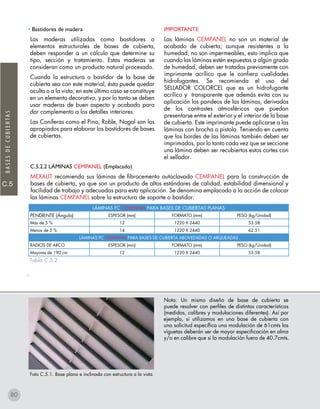 C.5
BASESDECUBIERTAS
LÁMINAS FC CEMPANEL PARA BASES DE CUBIERTAS PLANAS
PENDIENTE (Ángulo) ESPESOR (mm) FORMATO (mm) PESO (kg/Unidad)
Más de 5 % 12 1220 X 2440 53.58
Menos de 5 % 14 1220 X 2440 62.51
LÁMINAS FC CEMPANEL PARA BASES DE CUBIERTA ABOVEDADAS O ARQUEADAS
RADIOS DE ARCO ESPESOR (mm) FORMATO (mm) PESO (kg/Unidad)
Mayores de 190 cm 12 1220 X 2440 53.58
• Bastidores de madera
Las maderas utilizadas como bastidores o
elementos estructurales de bases de cubierta,
deben responder a un cálculo que determine su
tipo, sección y tratamiento. Estas maderas se
consideran como un producto natural procesado.
Cuando la estructura o bastidor de la base de
cubierta sea con este material, ésta puede quedar
oculta o a la vista; en este último caso se constituye
en un elemento decorativo, y por lo tanto se deben
usar maderas de buen aspecto y acabado para
dar complemento a los detalles interiores.
Las Coníferas como el Pino, Roble, Nogal son los
apropiados para elaborar los bastidores de bases
de cubiertas.
Foto C.5.1. Base plana e inclinada con estructura a la vista.
Nota: Un mismo diseño de base de cubierta se
puede resolver con perfiles de distintas características
(medidas, calibres y modulaciones diferentes). Así por
ejemplo, si utilizamos en una base de cubierta con
una solicitud específica una modulación de 61cmts las
viguetas deberán ser de mayor especificación en alma
y/o en calibre que si la modulación fuera de 40.7cmts.
IMPORTANTE
Las láminas CEMPANEL no son un material de
acabado de cubierta; aunque resistentes a la
humedad, no son impermeables, esto implica que
cuando las láminas estén expuestas a algún grado
de humedad, deben ser tratadas previamente con
imprimante acrílico que le confiera cualidades
hidrofugantes. Se recomienda el uso del
SELLADOR COLORCEL que es un hidrofugante
acrílico y transparente que además evita con su
aplicación los pandeos de las láminas, derivados
de los contrastes atmosféricos que puedan
presentarse entre el exterior y el interior de la base
de cubierta. Este imprimante puede aplicarse a las
láminas con brocha o pistola. Teniendo en cuenta
que los bordes de las láminas también deben ser
imprimados, por lo tanto cada vez que se seccione
una lámina deben ser recubiertos estos cortes con
el sellador.
Tabla C.5.2
.
C.5.2.2 LÁMINAS CEMPANEL (Emplacado)
MEXALIT recomienda sus láminas de fibrocemento autoclavado CEMPANEL para la construcción de
bases de cubierta, ya que son un producto de altos estándares de calidad, estabilidad dimensional y
facilidad de trabajo y adecuadas para esta aplicación. Se denomina emplacado a la acción de colocar
las láminas CEMPANEL sobre la estructura de soporte o bastidor.
80
 