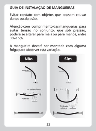 22
GUIA DE INSTALAÇÃO DE MANGUEIRAS
Evitar contato com objetos que possam causar
danos ou abrasão.
Atenção com comprimento das manguerias, para
evitar tensão no conjunto, que sob pressão,
poderá se alterar para mais ou para menos, entre
3% e 5%.
A mangueira deverá ser montada com alguma
folga para absorver esta variação.
Abrasão
r< raio mínimo
Abrasão
Distância
mínima
Não Sim
 