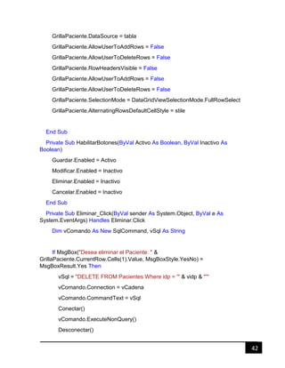 42
GrillaPaciente.DataSource = tabla
GrillaPaciente.AllowUserToAddRows = False
GrillaPaciente.AllowUserToDeleteRows = False
GrillaPaciente.RowHeadersVisible = False
GrillaPaciente.AllowUserToAddRows = False
GrillaPaciente.AllowUserToDeleteRows = False
GrillaPaciente.SelectionMode = DataGridViewSelectionMode.FullRowSelect
GrillaPaciente.AlternatingRowsDefaultCellStyle = stile
End Sub
Private Sub HabilitarBotones(ByVal Activo As Boolean, ByVal Inactivo As
Boolean)
Guardar.Enabled = Activo
Modificar.Enabled = Inactivo
Eliminar.Enabled = Inactivo
Cancelar.Enabled = Inactivo
End Sub
Private Sub Eliminar_Click(ByVal sender As System.Object, ByVal e As
System.EventArgs) Handles Eliminar.Click
Dim vComando As New SqlCommand, vSql As String
If MsgBox("Desea eliminar el Paciente: " &
GrillaPaciente.CurrentRow.Cells(1).Value, MsgBoxStyle.YesNo) =
MsgBoxResult.Yes Then
vSql = "DELETE FROM Pacientes Where idp = '" & vidp & "'"
vComando.Connection = vCadena
vComando.CommandText = vSql
Conectar()
vComando.ExecuteNonQuery()
Desconectar()
 