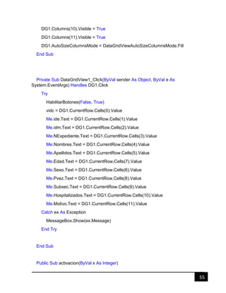 55
DG1.Columns(10).Visible = True
DG1.Columns(11).Visible = True
DG1.AutoSizeColumnsMode = DataGridViewAutoSizeColumnsMode.Fill
End Sub
Private Sub DataGridView1_Click(ByVal sender As Object, ByVal e As
System.EventArgs) Handles DG1.Click
Try
HabilitarBotones(False, True)
vidc = DG1.CurrentRow.Cells(0).Value
Me.ide.Text = DG1.CurrentRow.Cells(1).Value
Me.idm.Text = DG1.CurrentRow.Cells(2).Value
Me.NExpediente.Text = DG1.CurrentRow.Cells(3).Value
Me.Nombres.Text = DG1.CurrentRow.Cells(4).Value
Me.Apellidos.Text = DG1.CurrentRow.Cells(5).Value
Me.Edad.Text = DG1.CurrentRow.Cells(7).Value
Me.Sexo.Text = DG1.CurrentRow.Cells(6).Value
Me.Pvez.Text = DG1.CurrentRow.Cells(8).Value
Me.Subsec.Text = DG1.CurrentRow.Cells(9).Value
Me.Hospitalizados.Text = DG1.CurrentRow.Cells(10).Value
Me.Motivo.Text = DG1.CurrentRow.Cells(11).Value
Catch ex As Exception
MessageBox.Show(ex.Message)
End Try
End Sub
Public Sub activacion(ByVal x As Integer)
 