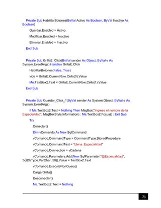 71
Private Sub HabilitarBotones(ByVal Activo As Boolean, ByVal Inactivo As
Boolean)
Guardar.Enabled = Activo
Modificar.Enabled = Inactivo
Eliminar.Enabled = Inactivo
End Sub
Private Sub GrillaE_Click(ByVal sender As Object, ByVal e As
System.EventArgs) Handles GrillaE.Click
HabilitarBotones(False, True)
vide = GrillaE.CurrentRow.Cells(0).Value
Me.TextBox2.Text = GrillaE.CurrentRow.Cells(1).Value
End Sub
Private Sub Guardar_Click_1(ByVal sender As System.Object, ByVal e As
System.EventArgs)
If Me.TextBox2.Text = Nothing Then MsgBox("Ingrese el nombre de la
Especialidad", MsgBoxStyle.Information) : Me.TextBox2.Focus() : Exit Sub
Try
Conectar()
Dim vComando As New SqlCommand
vComando.CommandType = CommandType.StoredProcedure
vComando.CommandText = "Llena_Especialidad"
vComando.Connection = vCadena
vComando.Parameters.Add(New SqlParameter("@Especialidad",
SqlDbType.VarChar, 50)).Value = TextBox2.Text
vComando.ExecuteNonQuery()
CargarGrilla()
Desconectar()
Me.TextBox2.Text = Nothing
 