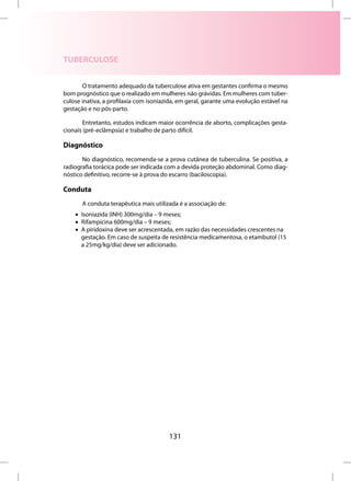 TUBERCULOSE


       O tratamento adequado da tuberculose ativa em gestantes confirma o mesmo
bom prognóstico que o realizado em mulheres não grávidas. Em mulheres com tuber-
culose inativa, a profilaxia com isoniazida, em geral, garante uma evolução estável na
gestação e no pós-parto.

       Entretanto, estudos indicam maior ocorrência de aborto, complicações gesta-
cionais (pré-eclâmpsia) e trabalho de parto difícil.

Diagnóstico
       No diagnóstico, recomenda-se a prova cutânea de tuberculina. Se positiva, a
radiografia torácica pode ser indicada com a devida proteção abdominal. Como diag-
nóstico definitivo, recorre-se à prova do escarro (baciloscopia).

Conduta
       A conduta terapêutica mais utilizada é a associação de:
    • Isoniazida (INH) 300mg/dia – 9 meses;
    • Rifampicina 600mg/dia – 9 meses;
    • A piridoxina deve ser acrescentada, em razão das necessidades crescentes na
      gestação. Em caso de suspeita de resistência medicamentosa, o etambutol (15
      a 25mg/kg/dia) deve ser adicionado.




                                        131
 