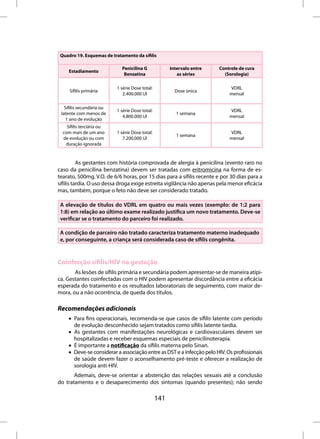 Quadro 19. Esquemas de tratamento da sífilis

                             Penicilina G              Intervalo entre   Controle de cura
     Estadiamento
                              Benzatina                   as séries        (Sorologia)

                           1 série Dose total:                               VDRL
     Sífilis primária                                    Dose única
                              2.400.000 Ul                                   mensal

   Sífilis secundária ou
                           1 série Dose total:                               VDRL
 latente com menos de                                     1 semana
                              4.800.000 UI                                   mensal
    1 ano de evolução
    Sífilis terciária ou
  com mais de um ano       1 série Dose total:                               VDRL
                                                          1 semana
  de evolução ou com          7.200.000 UI                                   mensal
   duração ignorada


          As gestantes com história comprovada de alergia à penicilina (evento raro no
caso da penicilina benzatina) devem ser tratadas com eritromicina na forma de es-
tearato, 500mg. V.O. de 6/6 horas, por 15 dias para a sífilis recente e por 30 dias para a
sífilis tardia. O uso dessa droga exige estreita vigilância não apenas pela menor eficácia
mas, também, porque o feto não deve ser considerado tratado.

 A elevação de títulos do VDRL em quatro ou mais vezes (exemplo: de 1:2 para
 1:8) em relação ao último exame realizado justifica um novo tratamento. Deve-se
 verificar se o tratamento do parceiro foi realizado.

 A condição de parceiro não tratado caracteriza tratamento materno inadequado
 e, por conseguinte, a criança será considerada caso de sífilis congênita.


Coinfecção sífilis/HIV na gestação
       As lesões de sífilis primária e secundária podem apresentar-se de maneira atípi-
ca. Gestantes coinfectadas com o HIV podem apresentar discordância entre a eficácia
esperada do tratamento e os resultados laboratoriais de seguimento, com maior de-
mora, ou a não ocorrência, de queda dos títulos.

Recomendações adicionais
     • Para fins operacionais, recomenda-se que casos de sífilis latente com período
       de evolução desconhecido sejam tratados como sífilis latente tardia.
     • As gestantes com manifestações neurológicas e cardiovasculares devem ser
       hospitalizadas e receber esquemas especiais de penicilinoterapia.
     • É importante a notificação da sífilis materna pelo Sinan.
     • Deve-se considerar a associação entre as DST e a infecção pelo HIV. Os profissionais
       de saúde devem fazer o aconselhamento pré-teste e oferecer a realização de
       sorologia anti-HIV.
       Ademais, deve-se orientar a abstenção das relações sexuais até a conclusão
do tratamento e o desaparecimento dos sintomas (quando presentes); não sendo

                                                 141
 