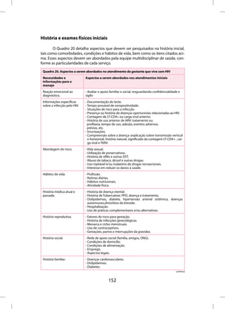 História e exames físicos iniciais

       O Quadro 20 detalha aspectos que devem ser pesquisados na história inicial,
tais como comorbidades, condições e hábitos de vida, bem como os itens citados aci-
ma. Esses aspectos devem ser abordados pela equipe multidisciplinar de saúde, con-
forme as particularidades de cada serviço.

 Quadro 20. Aspectos a serem abordados no atendimento da gestante que vive com HIV
 Necessidades e               Aspectos a serem abordados nos atendimentos iniciais
 informações para o
 manejo
 Reação emocional ao          - Avaliar o apoio familiar e social, resguardando confidencialidade e
 diagnóstico.                 sigilo
 Informações específicas      - Documentação do teste.
 sobre a infecção pelo HIV.   - Tempo provável de soropositividade.
                              - Situações de risco para a infecção.
                              - Presença ou história de doenças oportunistas relacionadas ao HIV.
                              - Contagem de LT-CD4+ ou carga viral anterior.
                              - História de uso anterior de ARV: tratamento ou.
                                profilaxia, tempo de uso, adesão, eventos adversos.
                                prévios, etc.
                              - Imunizações.
                              - Compreensão sobre a doença: explicação sobre transmissão vertical
                                e horizontal, história natural, significado da contagem LT-CD4+ , car-
                                ga viral e TARV.
 Abordagem do risco.          - Vida sexual.
                              - Utilização de preservativos.
                              - História de sífilis e outras DST.
                              - Abuso de tabaco, álcool e outras drogas.
                              - Uso injetável e/ou inalatório de drogas recreacionais.
                              - Interesse em reduzir os danos à saúde.
 Hábitos de vida.             - Profissão.
                              - Rotinas diárias.
                              - Hábitos nutricionais.
                              - Atividade física.
 História médica atual e      - História de doença mental.
 passada.                     - História de Tuberculose: PPD, doença e tratamento.
                              - Dislipidemias, diabete, hipertensão arterial sistêmica, doenças
                                autoimunes,distúrbios da tireoide.
                              - Hospitalização.
                              - Uso de práticas complementares e/ou alternativas.
 História reprodutiva.        - Fatores de risco para gestação.
                              - História de infecções ginecológicas.
                              - Menarca e ciclos menstruais.
                              - Uso de contraceptivos.
                              - Gestações, partos e interrupções da gravidez.
 História social.             - Rede de apoio social (família, amigos, ONG).
                              - Condições de domicílio.
                              - Condições de alimentação.
                              - Emprego.
                              - Aspectos legais.
 História familiar.           - Doenças cardiovasculares.
                              - Dislipidemias.
                              - Diabetes.
                                                                                                 continua



                                               152
 