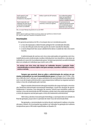 Swab vaginal e anal               Sim       Indicar a partir da 34ª semana   Se a cultura for positiva,
 para pesquisa de                                                             tratar com penicilina G
 estreptococo do grupo B                                                      cristalina endovenosa
                                                                              durante o trabalho de parto
 Exame especular com               Sim       3º trimestre e sempre que houver O rastreamento da
 realização de teste de pH                   sintomas e sinais de vaginite    vaginose bacteriana pode
 e teste das aminas (teste                                                    ser considerado para as
 do cheiro ou de Whiff )                                                      gestantes com história
                                                                              prévia de parto pré-termo
Obs.: ver seção “Manejo da gestante em uso de TARV”.

Legenda:
ASCUS: sigla em inglês para “Células escamosas atípicas de significância indeterminada”.
NIC: sigla em inglês para “Neoplasia intraepitelial cervical”.


Imunizações
   Em gestantes portadoras do HIV, a imunização deve ser considerada quando:
      • o risco de exposição a determinado patógeno for considerado elevado;
      • o risco de infecção tanto da mãe quanto do recém nascido for elevado;
      • a vacina disponível não causar sabidamente danos à saúde da mãe e do recém
        nascido.


        A administração de vacinas com vírus vivos atenuados em pacientes com imu-
nodeficiência está condicionada à análise individual de risco-benefício e não deve ser
realizada em casos de imunodepressão grave. Sempre que possível, sua administração
deve ser evitada em indivíduos que vivem com o HIV.

 As vacinas com vírus vivos não devem ser realizadas durante a gestação. Estão
 contraindicadas as vacinas tríplice viral (para sarampo, caxumba e rubéola) e a vacina
 contra a varicela.


        Sempre que possível, deve-se adiar a administração de vacinas em pa-
cientes sintomáticos ou com imunodeficiência grave (contagem de LT-CD4+ infe-
rior a 200 céls./mm3), até que um grau satisfatório de reconstituição imune seja obtido
com o uso de terapia antirretroviral, o que proporciona melhora na resposta vacinal e
reduz o risco de complicações pós-vacinais.

        Alguns estudos demonstram elevação transitória da carga viral após a imuniza-
ção, fenômeno denominado transativação heteróloga, o qual tem duração de aproxi-
madamente 4 semanas. Essa elevação da viremia, mesmo que transitória, pode au-
mentar o risco de transmissão do HIV intraútero, sendo mais uma razão para postergar
o início do esquema vacinal para após o início do tratamento antirretroviral.

        Além disso, devido à transativação heteróloga, a vacinação deve ser evitada no
final da gestação, já que este é o período de maior risco de transmissão fetal.

       Na gestação, a recomendação na rotina do pré-natal geral é realizar a imuniza-
ção para o tétano. As imunizações que podem ser indicadas na gestação de mulheres
soropositivas para o HIV estão especificadas no Quadro 23.



                                                       155
 
