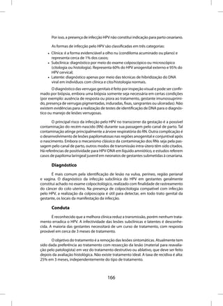 Por isso, a presença de infecção HPV não constitui indicação para parto cesariano.

       As formas de infecção pelo HPV são classificadas em três categorias:
    • Clínica: é a forma evidenciável a olho nu (condiloma acuminado ou plano) e
      representa cerca de 1% dos casos;
    • Subclínica: diagnóstico por meio do exame colposcópico ou microscópico
      (citologia ou histologia). Representa 60% do HPV anogenital externo e 95% do
      HPV cervical;
    • Latente: diagnóstico apenas por meio das técnicas de hibridização do DNA
      viral em indivíduos com clínica e cito/histologia normais.
       O diagnóstico das verrugas genitais é feito por inspeção visual e pode ser confir-
mado por biópsia, embora uma biópsia somente seja necessária em certas condições
(por exemplo: ausência de resposta ou piora ao tratamento, gestante imunossuprimi-
do, presença de verrugas pigmentadas, induradas, fixas, sangrantes ou ulceradas). Não
existem evidências para a realização de testes de identificação de DNA para o diagnós-
tico ou manejo de lesões verrugosas.

       O principal risco da infecção pelo HPV no transcorrer da gestação é a possível
contaminação do recém-nascido (RN) durante sua passagem pelo canal de parto. Tal
contaminação atinge principalmente a árvore respiratória do RN. Outra complicação é
o desenvolvimento de lesões papilomatosas nas regiões anogenital e conjuntival após
o nascimento. Embora o mecanismo clássico da contaminação dos RNs seja pela pas-
sagem pelo canal de parto, outros modos de transmissão intra-útero têm sido citados.
Há referências de positividade para HPV-DNA em líquido amniótico, e estudos referem
casos de papiloma laringeal juvenil em neonatos de gestantes submetidas à cesariana.

       Diagnóstico
       É mais comum pela identificação de lesão na vulva, períneo, região perianal
e vagina. O diagnóstico da infecção subclínica do HPV em gestantes geralmente
constitui achado no exame colpocitológico, realizado com finalidade de rastreamento
do câncer do colo uterino. Na presença de colpocitologia compatível com infecção
pelo HPV, a realização da colposcopia é útil para detectar, em todo trato genital da
gestante, os locais da manifestação da infecção.

       Conduta
       É reconhecido que a melhora clínica reduz a transmissão, porém nenhum trata-
mento erradica o HPV. A infectividade das lesões subclínicas e latentes é desconhe-
cida. A maioria das gestantes necessitará de um curso de tratamento, com resposta
provável em cerca de 3 meses de tratamento.

       O objetivo do tratamento é a remoção das lesões sintomáticas. Atualmente tem
sido dada preferência ao tratamento com ressecção da lesão (material para reavalia-
ção pelo patologista) em vez do tratamento destrutivo ou ablativo, que deve ser feito
depois da avaliação histológica. Não existe tratamento ideal. A taxa de recidiva é alta:
25% em 3 meses, independentemente do tipo de tratamento.



                                         166
 