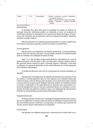 Stévia.               B (?)   5,5mg/Kg/dia.         Estévia + ciclamato + sacarina + carbohidra-
                                                      tos: Stevita, Lowçucar.
                                                     Estévia + açúcar mascavo: Lowçúcar pó 500g.
                                                     Estévia + Ciclamato + sacarina: Lowçúcar
                                                      Líquido.
Fonte: Torloni MR et al.
Atividade física
       A atividade física deve fazer parte da estratégia de manejo do diabetes na
gestação. Gestantes sedentárias podem ser orientadas a iniciar um programa de
caminhadas regulares ou equivalente e/ou exercícios de flexão dos braços, 20 minu-
tos por dia. Gestantes que já praticavam exercícios regularmente podem mantê-los,
evitando os de alto impacto.

     60% das gestantes com diabetes gestacional podem se manter euglicêmicas,
sem maiores riscos para a gravidez, somente com dieta e atividade física.

Controle glicêmico
       Nas gestantes com diagnóstico de diabetes gestacional, o controle glicêmico
deve ser feito com glicemias de jejum e pós-prandiais semanais. O controle também
pode ser realizado com avaliações de ponta de dedo.

        Após 7 a 14 dias de dieta, realizar perfil glicêmico ambulatorial, por meio de
glicemia de jejum, uma hora após o café e uma hora após o almoço, sendo considera-
dos anormais valores maiores ou iguais a 95mg/dL (jejum) e 140mg/dL (1 hora após
as refeições). Se a gestante apresentar um dos valores alterado com a dieta adequada,
está indicada insulinoterapia.

       A medida da glicosúria não é útil na monitoração do controle metabólico na
gravidez.

       Nas gestantes com diagnóstico de diabetes pré-gestacional e naquelas em uso
de insulina, o controle glicêmico deve ser mais rigoroso, com medições diárias pela
manhã em jejum, antes do almoço, antes do jantar, uma ou duas horas após o almoço
e uma ou duas horas após o jantar. Medições adicionais podem ser realizadas ao deitar
e durante a madrugada (2–3h), especialmente em gestantes que apresentarem sin-
tomas de hipoglicemia noturna. Para tal, as gestantes devem ser orientadas na moni-
toração domiciliar das glicemias capilares e para o uso adequado dos glicosímetros,
devendo ser acompanhadas por pessoal de enfermagem treinado.

Hipoglicemiantes orais
       Embora já existam estudos com o emprego de hipoglicemiantes orais na gravi-
dez, como a gliburida, os mesmos ainda não devem ser utilizados na prática clínica até
que mais estudos possam confirmar a sua segurança. As mulheres que estiverem em
uso dos mesmos devem interrompê-los ao engravidar.

Insulinoterapia
           Nas grávidas com diabetes gestacional, o tratamento com insulina deve ser in-

                                               187
 