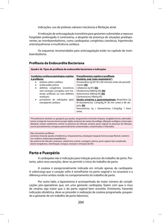 Indicações: uso de próteses valvares mecânicas e fibrilação atrial.

        A indicação de anticoagulação transitória para gestantes submetidas a repouso
hospitalar prolongado é controversa, a despeito da presença de situações predispo-
nentes ao tromboembolismo, como cardiopatias congênitas cianóticas, hipertensão
arterial pulmonar e insuficiência cardíaca.

     Os esquemas recomendados para anticoagulação estão no capítulo de trom-
boembolismo.


Profilaxia da Endocardite Bacteriana
 Quadro 36. Tipos de profilaxia de endocardite bacteriana e indicações

 Condições cardíacas/patologias sujeitas           Procedimentos sujeitos à profilaxia
 à profilaxia:                                     dentário, oral, trato respiratório*:
     •	 prótese valvar cardíaca                    Amoxacilina 2g VO 30 a 60 minutos antes do procedi-
     •	 endocardite prévia                         mento; OU
     •	 defeitos congênitos (cianóticos            Cefalexina 2g VO; OU
          sem correção; corrigidos com ma-         Clindamicina 600mg VO; OU
          teriais artificiais ou com defeitos      Azitromicina 500mg VO; OU
          residuais)                               Claritromicina 500mg VO.
     •	 portadores de valvopatia após              Genito urinários e gastrointestinais: Ampicilina 2g
          transplante cardíaco                     IV+Gentamicina 1,5mgKg IV 30 min antes e 8h de-
                                                   pois; OU
                                                   Vancomicina 1g + Gentamicina 1,5mgKg, 1 hora
                                                   antes.

*Procedimento dentário ou gengival que produz sangramento incluindo limpeza; amigdalectomia; adenoidec-
tomia; cirurgia de mucosa; broncoscopia rígida; esclerose de varizes de esôfago; dilatação esofágica; cistoscopia;
dilatação uretral; cateterismo uretral na presença de infecção urinária; parto vaginal na presença de infecção;
outros procedimentos cirúrgicos potencialmente contaminados, contaminados e infectados.


Não necessitam profilaxia:
anestesia intraoral, ajustes ortodônticos, timpanostomia, entubação traqueal, broncoscopia flexível, cateteris-
mo cardíaco, endoscopia propedêutica.
Na ausência de infecção: cesariana, cateterismo uretral, curetagem uterina, parto vaginal não complicado,
aborto terapêutico, esterilização cirúrgica, inserção e remoção de DIU.



Parto e Puerpério
        A cardiopatia não é indicação para indução precoce do trabalho de parto. Por-
tanto, salvo raras exceções, deve-se permitir o início do trabalho de parto.

       A cesárea é excepcionalmente indicada em virtude apenas da cardiopatia.
A sobrecarga que o coração sofre é semelhante no parto vaginal e na cesariana e a
diferença entre ambos reside no comportamento do trabalho de parto.

       Por outro lado, a laparotomia é acompanhada de maior número de compli-
cações pós-operatórias que, em uma gestante cardiopata, fazem com que o risco
de cesárea seja maior que o do parto vaginal bem assistido. Entretanto, havendo
indicação obstétrica, deve-se proceder à realização da cesárea programada, poupan-
do a gestante de um trabalho de parto laborioso.

                                                     204
 