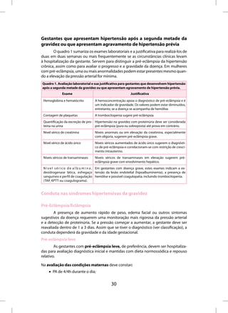 Gestantes que apresentam hipertensão após a segunda metade da
gravidez ou que apresentam agravamento de hipertensão prévia
       O quadro 1 sumariza os exames laboratoriais e a justificativa para realizá-los de
duas em duas semanas ou mais frequentemente se as circunstâncias clínicas levam
à hospitalização da gestante. Servem para distinguir a pré-eclâmpsia da hipertensão
crônica, assim como para avaliar o progresso e a gravidade da doença. Em mulheres
com pré-eclâmpsia, uma ou mais anormalidades podem estar presentes mesmo quan-
do a elevação da pressão arterial for mínima.
Quadro 1. Avaliação laboratorial e sua justificativa para gestantes que desenvolvem hipertensão
após a segunda metade da gravidez ou que apresentam agravamento de hipertensão prévia.
              Exame                                            Justificativa

 Hemoglobina e hematócrito           A hemoconcentração apoia o diagnóstico de pré-eclâmpsia e é
                                     um indicador de gravidade. Os valores podem estar diminuídos,
                                     entretanto, se a doença se acompanha de hemólise.
 Contagem de plaquetas               A trombocitopenia sugere pré-eclâmpsia.
 Quantificação da excreção de pro- Hipertensão na gravidez com proteinúria deve ser considerada
 teína na urina                    pré-eclâmpsia (pura ou sobreposta) até prova em contrário.
 Nível sérico de creatinina          Níveis anormais ou em elevação da creatinina, especialmente
                                     com oligúria, sugerem pré-eclâmpsia grave.
 Nível sérico de ácido úrico         Níveis séricos aumentados de ácido úrico sugerem o diagnósti-
                                     co de pré-eclâmpsia e correlacionam-se com restrição de cresci-
                                     mento intrauterino.
 Níveis séricos de transaminases     Níveis séricos de transaminases em elevação sugerem pré-
                                     eclâmpsia grave com envolvimento hepático.
 N í v e l s é r i c o d e a l b u m i n a , Em gestantes com doença grave, estes exames indicam a ex-
 desidrogenase lática, esfregaço tensão da lesão endotelial (hipoalbuminemia), a presença de
 sanguíneo e perfil de coagulação hemólise e possível coagulopatia, incluindo trombocitopenia.
 (TAP, KPTT ou coagulograma).


Conduta nas síndromes hipertensivas da gravidez

Pré-Eclâmpsia/Eclâmpsia
        A presença de aumento rápido de peso, edema facial ou outros sintomas
sugestivos da doença requerem uma monitoração mais rigorosa da pressão arterial
e a detecção de proteinúria. Se a pressão começar a aumentar, a gestante deve ser
reavaliada dentro de 1 a 3 dias. Assim que se tiver o diagnóstico (ver classificação), a
conduta dependerá da gravidade e da idade gestacional.
Pré-eclâmpsia leve
        As gestantes com pré-eclâmpsia leve, de preferência, devem ser hospitaliza-
das para avaliação diagnóstica inicial e mantidas com dieta normossódica e repouso
relativo.

Na avaliação das condições maternas deve constar:
     • PA de 4/4h durante o dia;


                                                 30
 