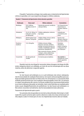 O quadro 7 apresenta as drogas mais usadas para o tratamento da hipertensão
crônica na gravidez, com suas respectivas dosagens e efeitos colaterais.

 Quadro 7. Tratamento da hipertensão crônica durante a gravidez


   Medicação          Dose usual                  Efeitos colaterais              Comentários
 Metildopa        250–2.000mg             Hipotensão postural, sonolência,     Uso frequente para
                  dividida em até 4 X     retenção hídrica.                    hipertensão na
                  /dia.                                                        gravidez. Potência
                                                                               leve.
 Hidralazina      10, 25, 50, 100mg 2-4   Cefaleia, palpitações, síndrome      Utilizada para
                  X/dia até o máximo      tipo lúpus.                          controle de curto
                  de 400mg/dia.                                                prazo.
 Nifedipina       30-60 mg/dia inicial.   Cefaleia, fadiga, tontura, edema     Quanto mais
                  Máximo 120mg/dia.       periférico, constipação.             elevada a hiperten-
                                                                               são, maior o efeito.
 Diuréticos       12,5–25mg/dia.          Cefaleia, tonturas, fadiga,          Distúrbios
 tiazídicos                               fraqueza, mal estar, câimbras,       eletrolíticos
                                          letargia, nervosismo,tensão, an-     podem complicar
                                          siedade, irritabilidade, agitação,   o diagnóstico de
                                          parestesias, hiperglicemia.          pré-eclâmpsia.
                                          Mais raramente náuseas, vômitos,
                                          vertigens, cólicas abdominais,
                                          palpitações e rash cutâneo.
 Furosemida       20–40 mg/dia até        Os mesmos para os tiazídicos.        Uso restrito às
                  160 BID.                                                     emergências, como
                                                                               edema agudo de
                                                                               pulmão.

       Quando mais de uma droga for necessária, baixas dosagens de drogas de dife-
rentes categorias devem ser utilizadas, ao invés do uso de monoterapia até sua dose
máxima, antes de adicionar o segundo agente.

Avaliação fetal
        Se não houver pré-eclâmpsia ou se a pré-eclâmpsia não estiver sobreposta,
não há necessidade de avaliação fetal extensa. Um exame ultrassonográfico para ava-
liação da idade gestacional deve ser feito entre 18 e 20 semanas e o crescimento fetal
avaliado posteriormente por nova avaliação ultrassonográfica entre 28 e 32 semanas
e a seguir mensalmente até o termo. Se houver evidência de crescimento fetal restrito
ou se a pré-eclâmpsia não puder ser excluída, o bem-estar fetal deve ser avaliado pelos
testes usuais (dopplerfluxometria de preferência). Se não houver pré-eclâmpsia e o
feto estiver crescendo normalmente, não há necessidade de testes adicionais.
Tratamento da hipertensão após o parto
       Se a pressão antes da gravidez era normal ou desconhecida, interromper a medi-
cação três a quatro semanas após o parto e observar a cada uma a duas semanas por um
mês, depois a cada 3–6 meses por um ano. Se a hipertensão recorrer, deve ser tratada.




                                               43
 