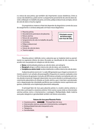 e a rotura da vasa prévia, que também são importantes causas obstétricas. Entre as
causas não obstétricas, pode ocorrer o sangramento proveniente do colo do útero du-
rante a dilatação no trabalho de parto, cervicites, pólipo endocervical, ectrópio, câncer
de colo de útero e trauma vaginal.

      Os prognósticos materno e fetal vão depender do diagnóstico correto da causa
do sangramento e conduta adequada com base nesse diagnóstico.

     •   Placenta prévia;
     •   Descolamento prematuro de placenta;                  Principais causas
     •   Rotura uterina;                                       de hemorragia,
     •   Rotura de vasa prévia;                               com risco de vida.
     •   Sangramento do colo no trabalho de parto;
     •   Cervicites;
     •   Pólipo endocervical;
     •   Ectrópio;
     •   Câncer de colo de útero;
     •   Trauma vaginal.

Placenta prévia
      Placenta prévia é definida como a placenta que se implanta total ou parcial-
mente no segmento inferior do útero. Ela pode ser classificada de três maneiras, de
acordo com sua posição em relação ao colo do útero:
    • Baixa: está localizada próxima ao colo do útero, sem atingi-lo
    • Marginal: atinge o orifício interno do colo do útero, sem recobri-lo
    • Completa ou centro-total: recobre totalmente o orifício interno do colo do útero
        A placenta prévia ocorre em 1 a cada 200 gestações que chegam ao terceiro tri-
mestre, porém é um achado ultrassonográfico frequente em exames realizados entre
16 e 20 semanas de gestação. Contudo, até 90% desses achados normalizarão até o ter-
mo, devido à teoria da “migração” placentária. Isso ocorre devido à combinação entre o
crescimento placentário em direção ao fundo uterino, que é mais bem vascularizado,
com a degeneração das vilosidades periféricas que receberão menor suprimento san-
guíneo, conferindo uma implantação placentária adequada.

       O principal fator de risco para placenta prévia é a cicatriz uterina anterior, e
entre elas a principal é a cesariana anterior. Entre outras causas estão as intervenções
uterinas prévias como a miomectomia e curetagem. Multiparidade, idade materna
avançada, tabagismo e gemelaridade também são fatores associados.


                         Fatores de risco para Placenta Prévia
         •   Cesariana prévia               Principal fator de risco;
         •   Intervenções uterinas anteriores (miomectomia, curetagem);
         •   Multiparidade/Intervalo interpartal curto;
         •   Tabagismo;
         •   Gemelaridade.



                                          53
 