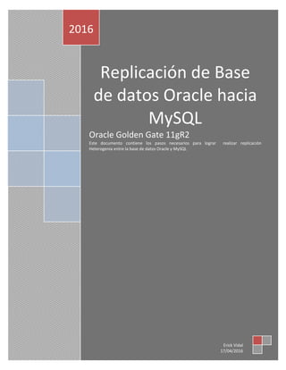 Replicación de Base
de datos Oracle hacia
MySQL
Oracle Golden Gate 11gR2
Este documento contiene los pasos necesarios para lograr realizar replicación
Heterogenia entre la base de datos Oracle y MySQL
2016
Erick Vidal
17/04/2016
 
