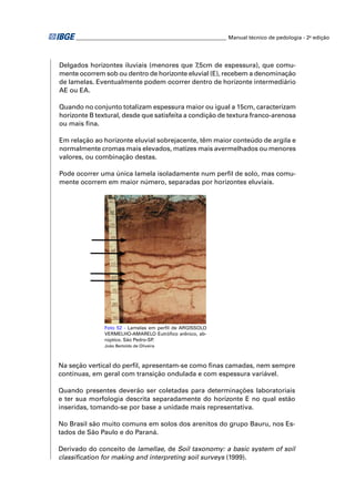 ________________________________________________________ Manual técnico de pedologia - 2a edição 
Delgados horizontes iluviais (menores que 7,5cm de espessura), que comu-mente 
ocorrem sob ou dentro de horizonte eluvial (E), recebem a denominação 
de lamelas. Eventualmente podem ocorrer dentro de horizonte intermediário 
AE ou EA. 
Quando no conjunto totalizam espessura maior ou igual a 15cm, caracterizam 
horizonte B textural, desde que satisfeita a condição de textura franco-arenosa 
ou mais fi na. 
Em relação ao horizonte eluvial sobrejacente, têm maior conteúdo de argila e 
normalmente cromas mais elevados, matizes mais avermelhados ou menores 
valores, ou combinação destas. 
Pode ocorrer uma única lamela isoladamente num perfi l de solo, mas comu-mente 
ocorrem em maior número, separadas por horizontes eluviais. 
Foto 52 - Lamelas em perfi l de ARGISSOLO 
VERMELHO-AMARELO Eutrófi co arênico, ab-rúptico. 
São Pedro-SP. 
João Bertoldo de Oliveira 
Na seção vertical do perfi l, apresentam-se como fi nas camadas, nem sempre 
contínuas, em geral com transição ondulada e com espessura variável. 
Quando presentes deverão ser coletadas para determinações laboratoriais 
e ter sua morfologia descrita separadamente do horizonte E no qual estão 
inseridas, tomando-se por base a unidade mais representativa. 
No Brasil são muito comuns em solos dos arenitos do grupo Bauru, nos Es-tados 
de São Paulo e do Paraná. 
Derivado do conceito de lamellae, de Soil taxonomy: a basic system of soil 
classifi cation for making and interpreting soil surveys (1999). 
 