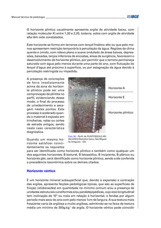 Manual técnico de pedologia __________________________________________________________________ 
O horizonte plíntico usualmente apresenta argila de atividade baixa, com 
relação molecular Ki entre 1,20 e 2,20, todavia, solos com argila de atividade 
alta têm sido constatados. 
Este horizonte se forma em terrenos com lençol freático alto ou que pelo me-nos 
apresentem restrição temporária à percolação da água. Regiões de clima 
quente e úmido, com relevo plano a suave ondulado de áreas baixas, depres-sões, 
baixadas, terços inferiores de encostas, áreas de surgência, favorecem o 
desenvolvimento de horizonte plíntico, por permitir que o terreno permaneça 
saturado com água pelo menos durante uma parte do ano, com fl utuação do 
lençol d’água até próximo à superfície, ou por estagnação da água devido à 
percolação restringida ou impedida. 
A presença de concreções 
de ferro imediatamente 
acima da zona do horizon-te 
plíntico pode ser uma 
com provação de plintita no 
perfi l, evidenciando desse 
modo, o fi nal do processo 
de umedecimento e seca-gem 
nestes pontos. Este 
processo é acelerado quan-do 
o material é ex posto em 
trincheiras, va las ou cortes 
de estrada antigos, sendo 
neste caso característica 
diagnóstica. 
Quando um mesmo ho - 
rizonte satisfizer coinci-dentemente 
os requisitos 
Foto 56 - Perfi l de PLINTOSSOLO AR-GILÚVICO 
Distrófi co típico. São Miguel 
do Araguaia - GO. 
Horizonte A 
Horizonte E 
Horizonte plíntico 
para ser identifi cado como horizonte plíntico e também como qualquer um 
dos seguintes horizontes: B textural, B latossólico, B incipiente, B plânico ou 
horizonte glei, será identifi cado como horizonte plíntico, sendo a ele conferida 
a precedência taxonômica sobre os demais citados. 
Horizonte vértico 
É um horizonte mineral subsuperfi cial que, devido à expansão e contração 
das argilas, apresenta feições pedológicas típicas, que são as superfícies de 
fricção (slickensides) em quantidade no mínimo comum e/ou a presença de 
unidades estruturais cuneiformes e/ou paralelepipédicas, cujo eixo longitudinal 
tem inclinação de 10º ou mais em relação à horizontal, e fendas por algum 
período mais seco do ano com pelo menos 1cm de largura. A sua textura mais 
freqüente varia de argilosa a muito argilosa, admitindo-se na faixa de textura 
média um mínimo de 300g.kg-1 de argila. O horizonte vértico pode coincidir 
 