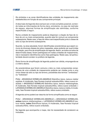 ________________________________________________________ Manual técnico de pedologia - 2a edição 
Os símbolos e as cores identifi cadores das unidades de mapeamento são 
estabelecidos em função de seu componente principal. 
A descrição da legenda deve sempre ser a mais completa possível, conten-do 
todas as informações de forma clara, entretanto, no caso de restrição 
de espaço, algumas formas de simplificação são admitidas, conforme 
especificado a seguir. 
Numa unidade de mapeamento pode-se dispensar a citação da fase de re-levo 
de um ou mais componentes, quando esta for comum ao componente 
subseqüente. Neste caso, a fase de relevo será especifi cada junto à classe de 
solo ou tipo de terreno subseqüente. 
Quando, na área estudada, forem identifi cadas características que sejam co-muns 
às diversas classes de solos mapeadas, estas poderão ser suprimidas 
da citação, para fi ns de simplifi cação da legenda. Assim, se todos os solos de 
determinada classe, forem pedregosos em todas unidades de mapeamento, 
não é necessário identifi cá-los como fase pedregosa. Neste caso, tal particu-laridade 
deverá constar no prefácio da legenda. 
Outra forma de simplifi cação de legenda poderá ser obtida, empregando-se 
o critério abaixo. 
As características que forem comuns a dois ou mais componentes conse-cutivos 
de uma unidade de mapeamento poderão ser citadas junto a uma 
única classe de solo ou tipo de terreno, precedidas dos termos “ambos(as)” 
ou “todos(as)”. 
PVAd - ARGISSOLO VERMELHO-AMARELO Distrófi co típico, textura média/ 
argilosa, A moderado, fase fl oresta tropical subcaducifólia, relevo suave on-dulado 
+ ARGISSOLO VERMELHO Distrófi co típico, textura média/argilosa, 
A moderado, fase fl oresta tropical subcaducifólia, relevo suave ondulado + 
LATOSSOLO VERMELHO-AMARELO Distrófi co típico, textura média, A mode-rado, 
fase fl oresta tropical subcaducifólia, relevo suave ondulado. 
A legenda acima poderá ser descrita da forma simplifi cada como se segue: 
PVAd - ARGISSOLO VERMELHO-AMARELO + ARGISSOLO VERMELHO, 
ambos textura média/argilosa + LATOSSOLO VERMELHO-AMARELO tex-tura 
média, todos Distróficos típicos, A moderado, fase floresta tropical 
subcaducifólia, relevo suave ondulado. 
Na legenda que acompanha o mapa, não há necessidade de constarem as 
inclusões. 
 