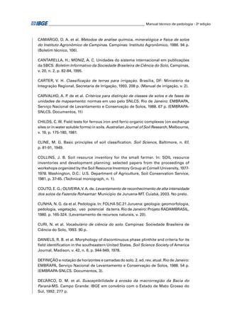 ________________________________________________________ Manual técnico de pedologia - 2a edição 
CAMARGO, O. A. et al. Métodos de análise química, mineralógica e física de solos 
do Instituto Agronômico de Campinas. Campinas: Instituto Agronômico, 1986. 94 p. 
(Boletim técnico, 106). 
CANTARELLA, H.; MONIZ, A. C. Unidades do sistema internacional em publicações 
da SBCS. Boletim Informativo da Sociedade Brasileira de Ciência do Solo, Campinas, 
v. 20, n. 2, p. 82-84, 1995. 
CARTER, V. H. Classifi cação de terras para irrigação. Brasília, DF: Ministério da 
Integração Regional, Secretaria de Irrigação, 1993. 208 p. (Manual de irrigação, v. 2). 
CARVALHO, A. P. de et al. Critérios para distinção de classes de solos e de fases de 
unidades de mapeamento: normas em uso pelo SNLCS. Rio de Janeiro: EMBRAPA, 
Serviço Nacional de Levantamento e Conservação de Solos, 1988. 67 p. (EMBRAPA-SNLCS. 
Documentos, 11) 
CHILDS, C. W. Field tests for ferrous iron and ferric-organic complexes (on exchange 
sites or in water soluble forms) in soils. Australian Journal of Soil Research, Melbourne, 
v. 19, p. 175-180, 1981. 
CLINE, M. G. Basic principles of soil classifi cation. Soil Science, Baltimore, n. 67, 
p. 81-91, 1949. 
COLLINS, J. B. Soil resource inventory for the small farmer. In: SOIL resource 
inventories and development planning: selected papers from the proceedings of 
workshops organized by the Soil Resource Inventory Group at Cornell University, 1977- 
1978. Washington, D.C.: U.S. Department of Agriculture, Soil Conservation Service, 
1981. p. 37-45. (Technical monograph, n. 1). 
COUTO, E. G.; OLIVEIRA, V. A. de. Levantamento de reconhecimento de alta intensidade 
dos solos da Fazenda Rohsamar: Município de Juruena-MT. Cuiabá, 2003. No prelo. 
CUNHA, N. G. da et al. Pedologia. In: FOLHA SC.21 Juruena: geologia: geomorfologia, 
pedologia, vegetação, uso potencial da terra. Rio de Janeiro: Projeto RADAMBRASIL, 
1980. p. 165-324. (Levantamento de recursos naturais, v. 20). 
CURI, N. et al. Vocabulário de ciência do solo. Campinas: Sociedade Brasileira de 
Ciência do Solo, 1993. 90 p. 
DANIELS, R. B. et al. Morphology of discontinuous phase plinthite and criteria for its 
fi eld identifi cation in the southeastern United States. Soil Science Society of America 
Journal, Madison, v. 42, n. 6, p. 944-949, 1978. 
DEFINIÇÃO e notação de horizontes e camadas do solo. 2. ed. rev. atual. Rio de Janeiro: 
EMBRAPA, Serviço Nacional de Levantamento e Conservação de Solos, 1988. 54 p. 
(EMBRAPA-SNLCS. Documentos, 3). 
DEL’ARCO, D. M. et al. Susceptibilidade à erosão da macrorregião da Bacia do 
Paraná-MS. Campo Grande: IBGE em convênio com o Estado de Mato Grosso do 
Sul, 1992. 277 p. 
 