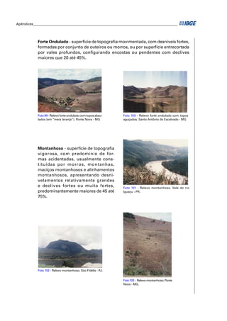 Apêndices ____________________________________________________________________________________ 
Forte Ondulado - superfície de topografi a movimentada, com desníveis fortes, 
formadas por conjunto de outeiros ou morros, ou por superfície entrecortada 
por vales profundos, confi gurando encostas ou pendentes com declives 
maiores que 20 até 45%. 
Foto 99 - Relevo forte ondulado com topos a bau-la 
dos (em “meia laranja”). Ponte Nova - MG 
Montanhoso - superfície de topografi a 
vigorosa, com predomínio de for-mas 
acidentadas, usualmente cons-tituídas 
por morros, montanhas, 
maciços montanhosos e alinhamentos 
mon tanhosos, apresentando desni-velamentos 
relativamente grandes 
e declives fortes ou muito fortes, 
predominantemente maiores de 45 até 
75%. 
Foto 102 - Relevo montanhoso. São Fidélis - RJ. 
Foto 100 - Relevo forte ondulado com topos 
aguçados. Santo Antônio do Escalvado - MG 
Foto 101 - Relevo montanhoso. Vale do rio 
Iguaçu - PR. 
Foto 103 - Relevo montanhoso. Ponte 
Nova - MG. 
 