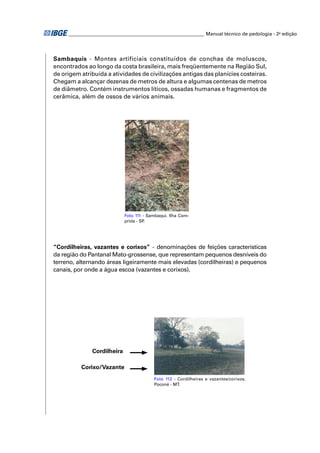 ________________________________________________________ Manual técnico de pedologia - 2a edição 
Sambaquis - Montes artificiais constituídos de conchas de moluscos, 
encontrados ao longo da costa brasileira, mais freqüentemente na Região Sul, 
de origem atribuída a atividades de civilizações antigas das planícies costeiras. 
Chegam a alcançar dezenas de metros de altura e algumas centenas de metros 
de diâmetro. Contém instrumentos líticos, ossadas humanas e fragmentos de 
cerâmica, além de ossos de vários animais. 
Foto 111 - Sambaqui. Ilha Com-prida 
- SP. 
“Cordilheiras, vazantes e corixos” - denominações de feições características 
da região do Pantanal Mato-grossense, que representam pequenos desníveis do 
terreno, alternando áreas ligeiramente mais elevadas (cordilheiras) e pequenos 
canais, por onde a água escoa (vazantes e corixos). 
Foto 112 - Cordilheiras e vazantes/corixos. 
Poconé - MT. 
Cordilheira 
Corixo/Vazante 
 