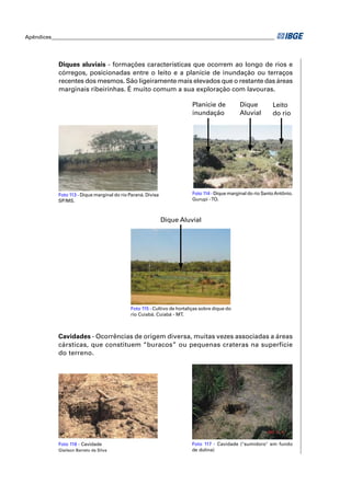 Apêndices ____________________________________________________________________________________ 
Diques aluviais - formações características que ocorrem ao longo de rios e 
córregos, posicionadas entre o leito e a planície de inundação ou terraços 
recentes dos mesmos. São ligeiramente mais elevados que o restante das áreas 
marginais ribeirinhas. É muito comum a sua exploração com lavouras. 
Foto 113 - Dique marginal do rio Paraná. Divisa 
SP/MS. 
Planície de 
inundação 
Dique 
Aluvial 
Leito 
do rio 
Foto 114 - Dique marginal do rio Santo Antônio. 
Gurupi - TO. 
Dique Aluvial 
Foto 115 - Cultivo de hortaliças sobre dique do 
rio Cuiabá. Cuiabá - MT. 
Cavidades - Ocorrências de origem diversa, muitas vezes associadas a áreas 
cársticas, que constituem “buracos” ou pequenas crateras na superfície 
do terreno. 
Foto 116 - Cavidade 
Glailson Barreto da Silva 
Foto 117 - Cavidade ("sumidoro" em fundo 
de dolina) 
 
