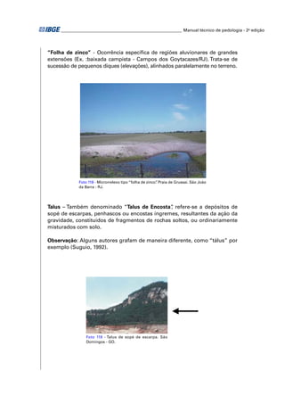 ________________________________________________________ Manual técnico de pedologia - 2a edição 
“Folha de zinco” - Ocorrência específi ca de regiões aluvionares de grandes 
extensões (Ex. :baixada campista - Campos dos Goytacazes/RJ). Trata-se de 
sucessão de pequenos diques (elevações), alinhados paralelamente no terreno. 
Foto 118 - Microrrelevo tipo “folha de zinco”. Praia de Grussaí. São João 
da Barra - RJ. 
Talus – Também denominado “Talus de Encosta”, refere-se a depósitos de 
sopé de escarpas, penhascos ou encostas íngremes, resultantes da ação da 
gravidade, constituídos de fragmentos de rochas soltos, ou ordinariamente 
misturados com solo. 
Observação: Alguns autores grafam de maneira diferente, como “tálus” por 
exemplo (Suguio, 1992). 
Foto 119 - Talus de sopé de escarpa. São 
Domingos - GO. 
 