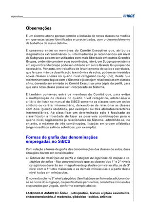 Apêndices ____________________________________________________________________________________ 
Observações 
É um sistema aberto porque permite a inclusão de novas classes na medida 
em que estas sejam identifi cadas e caracterizadas, com o desenvolvimento 
de trabalhos de maior detalhe. 
É consenso entre os membros do Comitê Executivo que, atributos 
diagnósticos extraordinários ou intermediários já reconhecidos em nível 
de Subgrupo podem ser utilizados com mais liberdade em outros Grandes 
Grupos, onde não constem suas ocorrências, isto é, um Subgrupo existente 
em algum Grande Grupo pode ser utilizado em outro Grande Grupo quando 
necessário. Portanto, em trabalhos de levantamento de solos e correlatos, 
que lançam mão da classifi cação taxonômica de solos, podem ser inseridas 
novas classes apenas no quarto nível categórico (subgrupo), desde que 
mantenham uma lógica com o Sistema e já estejam relacionadas em classes 
afi ns, devendo ser enviado ao Comitê Executivo uma cópia do perfi l, para 
que esta nova classe possa ser incorporada ao Sistema. 
É também consenso entre os membros do Comitê que, para evitar 
a multiplicação de classes no quarto nível categórico, adotar-se-á o 
critério de listar no manual do SiBCS somente as classes com um único 
atributo ou caráter intermediário, deixando-se de relacionar as classes 
com dois (gleicos solódicos, por exemplo) ou três atributos/caracteres 
intermediários. Ao classificar um determinado solo é facultado ao 
classificador a liberdade de fazer as possíveis combinações para o 
quarto nível, logicamente já relacionadas no Sistema, admitindo-se, no 
entanto, o máximo de três combinações, listadas em ordem alfabética 
(organossólicos salinos solódicos, por exemplo). 
Formas de grafi a das denominações 
empregadas no SiBCS 
Com relação a forma de grafi a das denominações das classes de solos, duas 
situações devem ser consideradas: 
a) Tabelas de descrição de perfis e listagem de legendas de mapas e re-latórios 
de solos - fica convencionado que as classes dos 1º e 2º níveis 
categóricos deverão ser integralmente grafadas com caixa alta, as de 3º 
nível com a 1ª letra maiúscula e as demais minúsculas e a partir deste 
nível todas em minúsculas. 
O nome do solo no 5º nível categórico (família) deve ser formado adicionando-se 
ao nome do subgrupo, os qualifi cativos pertinentes, com letras minúsculas 
e separados por vírgula, conforme exemplo abaixo: 
LATOSSOLO AMARELO Ácrico petroplíntico, textura argilosa cascalhenta, 
endoconcrecionário, A moderado, gibbsítico - oxídico, aniônico 
 