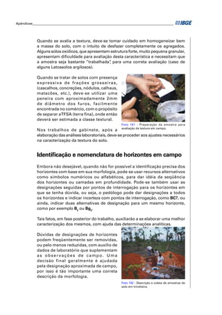 Apêndices ____________________________________________________________________________________ 
Quando se avalia a textura, deve-se tomar cuidado em homogeneizar bem 
a massa do solo, com o intuito de desfazer completamente os agregados. 
Alguns solos oxídicos, que apresentam estrutura forte, muito pequena granular, 
apresentam difi culdade para avaliação desta característica e necessitam que 
a amostra seja bastante “trabalhada”, para uma correta avaliação (caso de 
alguns Latossolos argilosos). 
Quando se tratar de solos com presença 
expressiva de frações grosseiras, 
(cascalhos, concreções, nódulos, calhaus, 
matacões, etc.), deve-se utilizar uma 
peneira com aproximadamente 2mm 
de diâmetro dos furos, facilmente 
encontrada no comércio, com o propósito 
de separar a TFSA (terra fi na), onde então 
deverá ser estimada a classe textural. 
Foto 141 - Preparação da amostra para 
avaliação da textura em campo. 
Nos trabalhos de gabinete, após a 
elaboração das análises laboratoriais, deve-se proceder aos ajustes necessários 
na caracterização da textura do solo. 
Identifi cação e nomenclatura de horizontes em campo 
Embora não desejável, quando não for possível a identifi cação precisa dos 
horizontes com base em sua morfologia, pode-se usar recursos alternativos 
como símbolos numéricos ou alfabéticos, para dar idéia da seqüência 
dos horizontes ou camadas em profundidade. Pode-se também usar as 
designações seguidas por pontos de interrogação para os horizontes em 
que se tenha dúvida, ou seja, o pedólogo pode dar designações a todos 
os horizontes e indicar incerteza com pontos de interrogação, como BC?, ou 
ainda, indicar duas alternativas de designação para um mesmo horizonte, 
como por exemplo B2 ou Bg2. 
Tais fatos, em fase posterior do trabalho, auxiliarão a se elaborar uma melhor 
caracterização dos mesmos, com ajuda das determinações analíticas. 
Dúvidas de designações de horizontes 
podem freqüentemente ser removidas, 
ou pelo menos reduzidas, com auxílio de 
dados de laboratório que suplementam 
as observações de campo. Uma 
decisão final geralmente é ajudada 
pela designação aproximada de campo, 
por isso é tão importante uma correta 
descrição da morfologia. 
Foto 142 - Descrição e coleta de amostras de 
solo em trincheira. 
 