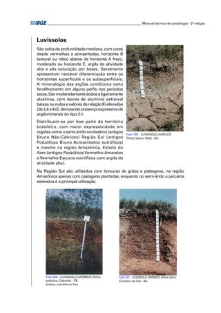 ________________________________________________________ Manual técnico de pedologia - 2a edição 
Luvissolos 
São solos de profundidade mediana, com cores 
desde vermelhas a acinzentadas, horizonte B 
textural ou nítico abaixo de horizonte A fraco, 
moderado ou horizonte E, argila de atividade 
alta e alta saturação por bases. Geralmente 
apresentam razoável diferenciação entre os 
horizontes superficiais e os subsuperficiais. 
A mineralogia das argilas condiciona certo 
fendilhamento em alguns perfi s nos períodos 
secos. São moderadamente ácidos a ligeiramente 
alcalinos, com teores de alumínio extraível 
baixos ou nulos e valores da relação Ki elevados 
(de 2,4 a 4,0), denotando presença expressiva de 
argilominerais do tipo 2:1. 
Distribuem-se por boa parte do território 
brasileiro, com maior expressividade em 
regiões como o semi-árido nordestino (antigos 
Foto 199 - LUVISSOLO HÁPLICO 
Bruno Não-Cálcicos) Região Sul (antigos 
Órtico típico. Feijó - AC. 
Podzólicos Bruno Acinzentados eutrófi cos) 
e mesmo na região Amazônica, Estado do 
Acre (antigos Podzólicos Vermelho-Amarelos 
e Vermelho-Escuros eutrófi cos com argila de 
atividade alta). 
Na Região Sul são utilizados com lavouras de grãos e pastagens, na região 
Amazônica apenas com pastagens plantadas, enquanto no semi-árido a pecuária 
extensiva é a principal utilização. 
Foto 200 - LUVISSOLO CRÔMICO Órtico 
solódico. Cabrobó - PE. 
Antônio José Wilman Rios 
Foto 201 - LUVISSOLO CRÔMICO Órtico típico. 
Cruzeiro do Sul - AC. 
 