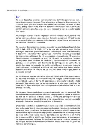 Manual técnico de pedologia __________________________________________________________________ 
Cor 
As cores dos solos, são mais convenientemente defi nidas por meio de com-paração 
com cartas de cores. Normalmente se utiliza para determinação de 
cores de solos, parte da coleção de cores do livro Munsell (Munsell book of 
color). Esta parte do livro, também denominada Munsell soil color charts, 
contém somente aquela porção de cores necessária para a caracterização 
dos solos. 
As principais ou mais comuns edições do Munsell soil color charts, contêm sete 
cartas (correspondentes a sete notações de matiz) que somam 199 padrões de 
cores, organizados com base nas variáveis matiz, valor e croma, apresentados 
na forma de caderno ou caderneta. 
As notações de matiz em número de sete, são representadas pelos símbolos 
10R, 2,5YR, 5YR, 7,5YR, 10YR, 2,5Y e 5Y, que são formados pelas iniciais 
em inglês das cores que entram em sua composição (R de red - vermelho; 
Y de yellow - amarelo e YR de yellow-red - vermelho-amarelo), precedidos 
de algarismos arábicos de 0 a 10, organizados a intervalos de 2,5 unidades. 
Dentro de cada composição de matiz (R, YR ou Y), os algarismos crescem 
da esquerda para a direita da caderneta, representando o aumento da 
participação do amarelo em detrimento da participação do vermelho. O 
ponto 0 de cada composição de matiz, coincide com o ponto de máxima 
participação da composição anterior e não é representado. Assim os sím-bolos 
de matiz variam sempre de 2,5 a 10 para cada composição, sendo 5 
a posição central. 
As notações de valores indicam a maior ou menor participação do branco 
ou do preto (claridade ou escurecimento) em relação a uma escala neutra 
(acromática) e variam de 0 a 10, posicionadas em escala vertical no lado 
esquerdo das páginas das cartas, aumentando a intervalos regulares da 
base para o topo. A notação zero corresponde ao preto absoluto e o 10 ao 
branco absoluto. 
As notações de cromas indicam o grau de saturação pela cor espectral. São 
representadas horizontalmente no fundo das páginas das cartas, aumentan-do 
de 0 a 8 (no caso das cartas de solos). O croma zero, corresponde a cores 
absolutamente acromáticas (branco, preto e cinzento) e na sua representação 
a notação de matiz é substituída pela letra N de neutra. 
Em síntese, os cadernos ou cadernetas de cores para solos, contêm comumente 
sete cartas ou cartões de cores, correspondentes a sete notações de matiz, sendo 
cada uma delas constituída de duas páginas, ambas contendo o respectivo 
símbolo em sua parte superior. Na página da direita constam os vários padrões 
de cores pertinentes àquela notação de matiz, junto a perfurações em forma 
de círculo, que têm o objetivo de facilitar a comparação das amostras com 
os diversos padrões de cores. Na página da esquerda, constam os códigos 
de notação de valor e croma correspondentes a cada padrão de cor, junto ao 
nome da cor em inglês. 
 