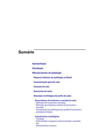 Sumário 
Apresentação 
Introdução 
Manual técnico de pedologia 
Pequeno histórico da pedologia no Brasil 
Caracterização geral do solo 
Conceito de solo 
Taxonomia de solos 
Descrição morfológica de perfi s de solos 
Nomenclatura de horizontes e camadas de solos 
Defi nição de horizontes e camadas 
Defi nição de símbolos e sufi xos de horizontes e 
camadas 
Comparação da simbologia que qualifi ca horizontes e 
camadas principais 
Características morfológicas 
Transição 
Profundidade e espessura dos horizontes e camadas 
Cor 
Granulometria e textura 
 