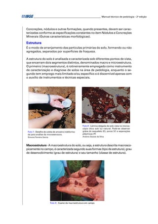 ________________________________________________________ Manual técnico de pedologia - 2a edição 
Concreções, nódulos e outras formações, quando presentes, devem ser carac-terizadas 
conforme as especifi cações constantes no item Nódulos e Concreções 
Minerais (Outras características morfológicas). 
Estrutura 
É o modo de arranjamento das partículas primárias do solo, formando ou não 
agregados, separados por superfícies de fraqueza. 
A estrutura do solo é analisada e caracterizada sob diferentes pontos de vista, 
que encerram dois segmentos distintos, denominados macro e microestrutura. 
O primeiro (macroestrutura), é rotineiramente empregado como instrumento 
de caracterização e diagnose de solos na área de pedologia, enquanto o se-gundo 
tem emprego mais limitado e/ou específi co e é discernível apenas com 
o auxílio de instrumentos e técnicas especiais. 
Foto 7 - Detalhe de coleta de amostra indeforma-da 
para análise da microestrutura. 
Simone Ferreira Garcia 
Foto 8 - Lâmina delgada de solo vista no micros-cópio 
ótico sob luz natural. Pode-se observar 
grãos do esqueleto (E), poros (V) e separações 
plásmicas (P) 
Antônio Soares da Silva 
Macroestrutura - A macroestrutura do solo, ou seja, a estrutura descrita macrosco-picamente 
no campo, é caracterizada segundo suas formas (tipo de estrutura), grau 
de desenvolvimento (grau de estrutura) e seu tamanho (classe de estrutura). 
Foto 9 - Exame da macroestrutura em campo 
(V) 
(E) 
(P) 
 