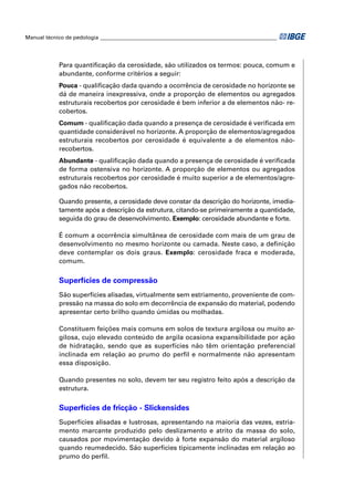 Manual técnico de pedologia __________________________________________________________________ 
Para quantifi cação da cerosidade, são utilizados os termos: pouca, comum e 
abundante, conforme critérios a seguir: 
Pouca - qualifi cação dada quando a ocorrência de cerosidade no horizonte se 
dá de maneira inexpressiva, onde a proporção de elementos ou agregados 
estruturais recobertos por cerosidade é bem inferior a de elementos não- re-cobertos. 
Comum - qualifi cação dada quando a presença de cerosidade é verifi cada em 
quantidade considerável no horizonte. A proporção de elementos/agregados 
estruturais recobertos por cerosidade é equivalente a de elementos não-recobertos. 
Abundante - qualifi cação dada quando a presença de cerosidade é verifi cada 
de forma ostensiva no horizonte. A proporção de elementos ou agregados 
estruturais recobertos por cerosidade é muito superior a de elementos/agre-gados 
não recobertos. 
Quando presente, a cerosidade deve constar da descrição do horizonte, imedia-tamente 
após a descrição da estrutura, citando-se primeiramente a quantidade, 
seguida do grau de desenvolvimento. Exemplo: cerosidade abundante e forte. 
É comum a ocorrência simultânea de cerosidade com mais de um grau de 
desenvolvimento no mesmo horizonte ou camada. Neste caso, a defi nição 
deve contemplar os dois graus. Exemplo: cerosidade fraca e moderada, 
comum. 
Superfícies de compressão 
São superfícies alisadas, virtualmente sem estriamento, proveniente de com-pressão 
na massa do solo em decorrência de expansão do material, podendo 
apresentar certo brilho quando úmidas ou molhadas. 
Constituem feições mais comuns em solos de textura argilosa ou muito ar-gilosa, 
cujo elevado conteúdo de argila ocasiona expansibilidade por ação 
de hidratação, sendo que as superfícies não têm orientação preferencial 
inclinada em relação ao prumo do perfi l e normalmente não apresentam 
essa disposição. 
Quando presentes no solo, devem ter seu registro feito após a descrição da 
estrutura. 
Superfícies de fricção - Slickensides 
Superfícies alisadas e lustrosas, apresentando na maioria das vezes, estria-mento 
marcante produzido pelo deslizamento e atrito da massa do solo, 
causados por movimentação devido à forte expansão do material argiloso 
quando reumedecido. São superfícies tipicamente inclinadas em relação ao 
prumo do perfi l. 
 