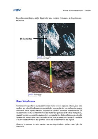 ________________________________________________________ Manual técnico de pedologia - 2a edição 
Quando presentes no solo, devem ter seu registro feito após a descrição da 
estrutura. 
Foto 25 - Slickensides 
Soil taxonomy (1999) 
Slickensides 
Foto 26 - Slickensides 
Eswaran e outros (1999) 
Superfícies foscas 
Constituem superfícies ou revestimentos muito tênues e pouco nítidos, que não 
podem ser identifi cados como cerosidade, apresentando normalmente pouco 
contraste entre a parte externa revestida e a matriz sob esse revestimento. Tal 
revestimento inclui também fi lmes de matéria orgânica infi ltrada e manganês, 
revestimentos enegrecidos que podem ser resultantes de translocação, podendo 
apresentar nesse caso, forte contraste entre a parte revestida e a matriz capeada 
e sua nitidez ser maior do que nos casos de revestimentos de argilas. 
Quando presentes no solo, devem ter seu registro feito após a descrição da 
estrutura. 
 