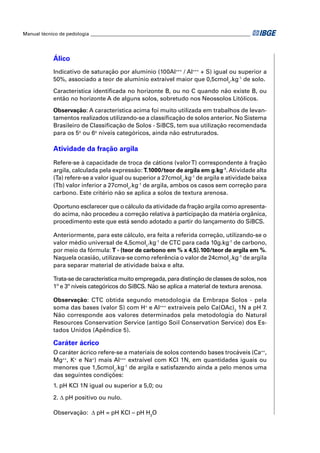 Manual técnico de pedologia __________________________________________________________________ 
Álico 
Indicativo de saturação por alumínio (100Al+++ / Al+++ + S) igual ou superior a 
50%, associado a teor de alumínio extraível maior que 0,5cmolc.kg-1 de solo. 
Característica identifi cada no horizonte B, ou no C quando não existe B, ou 
então no horizonte A de alguns solos, sobretudo nos Neossolos Litólicos. 
Observação: A característica acima foi muito utilizada em trabalhos de levan-tamentos 
realizados utilizando-se a classifi cação de solos anterior. No Sistema 
Brasileiro de Classifi cação de Solos - SiBCS, tem sua utilização recomendada 
para os 5o ou 6o níveis categóricos, ainda não estruturados. 
Atividade da fração argila 
Refere-se à capacidade de troca de cátions (valor T) correspondente à fração 
argila, calculada pela expressão: T.1000/teor de argila em g.kg-1. Atividade alta 
(Ta) refere-se a valor igual ou superior a 27cmolc.kg-1 de argila e atividade baixa 
(Tb) valor inferior a 27cmolc.kg-1 de argila, ambos os casos sem correção para 
carbono. Este critério não se aplica a solos de textura arenosa. 
Oportuno esclarecer que o cálculo da atividade da fração argila como apresenta-do 
acima, não procedeu a correção relativa à participação da matéria orgânica, 
procedimento este que está sendo adotado a partir do lançamento do SiBCS. 
Anteriormente, para este cálculo, era feita a referida correção, utilizando-se o 
valor médio universal de 4,5cmolc.kg-1 de CTC para cada 10g.kg-1 de carbono, 
por meio da fórmula: T - (teor de carbono em % x 4,5).100/teor de argila em %. 
Naquela ocasião, utilizava-se como referência o valor de 24cmolc.kg-1 de argila 
para separar material de atividade baixa e alta. 
Trata-se de característica muito empregada, para distinção de classes de solos, nos 
1º e 3º níveis categóricos do SiBCS. Não se aplica a material de textura arenosa. 
Observação: CTC obtida segundo metodologia da Embrapa Solos - pela 
soma das bases (valor S) com H+ e Al+++ extraíveis pelo Ca(OAc)2 1N a pH 7. 
Não corresponde aos valores determinados pela metodologia do Natural 
Resources Conservation Service (antigo Soil Conservation Service) dos Es-tados 
Unidos (Apêndice 5). 
Caráter ácrico 
O caráter ácrico refere-se a materiais de solos contendo bases trocáveis (Ca++, 
Mg++, K+ e Na+) mais Al+++ extraível com KCl 1N, em quantidades iguais ou 
menores que 1,5cmolc.kg-1 de argila e satisfazendo ainda a pelo menos uma 
das seguintes condições: 
1. pH KCl 1N igual ou superior a 5,0; ou 
2. Δ pH positivo ou nulo. 
Observação: Δ pH = pH KCl – pH H2O 
 