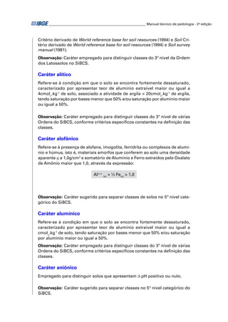 ________________________________________________________ Manual técnico de pedologia - 2a edição 
Critério derivado de World reference base for soil resources (1994) e Soil Cri-tério 
derivado de World reference base for soil resources (1994) e Soil survey 
manual (1981). 
Observação: Caráter empregado para distinguir classes do 3º nível da Ordem 
dos Latossolos no SiBCS. 
Caráter alítico 
Refere-se à condição em que o solo se encontra fortemente dessaturado, 
caracterizado por apresentar teor de alumínio extraível maior ou igual a 
4cmolc.kg-1 de solo, associado a atividade de argila > 20cmolc.kg-1 de argila, 
tendo saturação por bases menor que 50% e/ou saturação por alumínio maior 
ou igual a 50%. 
Observação: Caráter empregado para distinguir classes do 3º nível de várias 
Ordens do SiBCS, conforme critérios específi cos constantes na defi nição das 
classes. 
Caráter alofânico 
Refere-se à presença de alofana, imogolita, ferridrita ou complexos de alumí-nio 
e húmus, isto é, materiais amorfos que conferem ao solo uma densidade 
aparente < a 1,0g/cm3 e somatório de Alumínio e Ferro extraídos pelo Oxalato 
de Amônio maior que 1,0, através da expressão: 
Al+++ (o) + ½ Fe(o) > 1,0 
Observação: Caráter sugerido para separar classes de solos no 5º nível cate-górico 
do SiBCS. 
Caráter alumínico 
Refere-se à condição em que o solo se encontra fortemente dessaturado, 
caracterizado por apresentar teor de alumínio extraível maior ou igual a 
cmolc.kg-1 de solo, tendo saturação por bases menor que 50% e/ou saturação 
por alumínio maior ou igual a 50%. 
Observação: Caráter empregado para distinguir classes do 3º nível de várias 
Ordens do SiBCS, conforme critérios específi cos constantes na defi nição das 
classes. 
Caráter aniônico 
Empregado para distinguir solos que apresentam Δ pH positivo ou nulo. 
Observação: Caráter sugerido para separar classes no 5º nível categórico do 
SiBCS. 
 