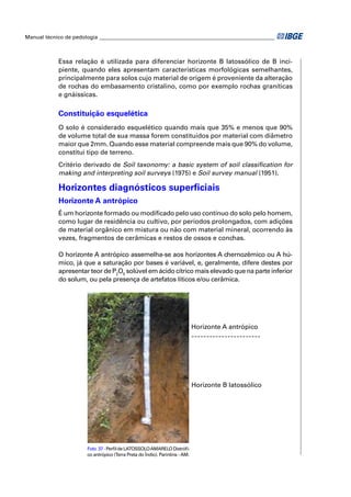 Manual técnico de pedologia __________________________________________________________________ 
Essa relação é utilizada para diferenciar horizonte B latossólico de B inci-piente, 
quando eles apresentam características morfológicas semelhantes, 
principalmente para solos cujo material de origem é proveniente da alteração 
de rochas do embasamento cristalino, como por exemplo rochas graníticas 
e gnáissicas. 
Constituição esquelética 
O solo é considerado esquelético quando mais que 35% e menos que 90% 
de volume total de sua massa forem constituídos por material com diâmetro 
maior que 2mm. Quando esse material compreende mais que 90% do volume, 
constitui tipo de terreno. 
Critério derivado de Soil taxonomy: a basic system of soil classifi cation for 
making and interpreting soil surveys (1975) e Soil survey manual (1951). 
Horizontes diagnósticos superfi ciais 
Horizonte A antrópico 
É um horizonte formado ou modifi cado pelo uso contínuo do solo pelo homem, 
como lugar de residência ou cultivo, por períodos prolongados, com adições 
de material orgânico em mistura ou não com material mineral, ocorrendo às 
vezes, fragmentos de cerâmicas e restos de ossos e conchas. 
O horizonte A antrópico assemelha-se aos horizontes A chernozêmico ou A hú-mico, 
já que a saturação por bases é variável, e, geralmente, difere destes por 
apresentar teor de P2O5 solúvel em ácido cítrico mais elevado que na parte inferior 
do solum, ou pela presença de artefatos líticos e/ou cerâmica. 
Foto 37 - Perfi l de LATOSSOLO AMARELO Distrófi - 
co antrópico (Terra Preta do Índio). Parintins - AM. 
Horizonte A antrópico 
Horizonte B latossólico 
 