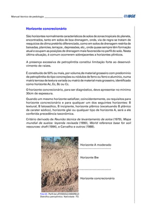 Manual técnico de pedologia __________________________________________________________________




            Horizonte concrecionário

            São horizontes normalmente característicos de solos de zonas tropicais do planeta,
            encontrados, tanto em solos de boa drenagem, onde, via de regra se tratam de
            resquícios de clima pretérito diferenciado, como em solos de drenagem restrita de
            baixadas, planícies, terraços , depressões, etc., onde quase sempre têm formação
            atual e ocupam as posições de drenagem mais favorecida no perﬁl do solo. Nesta
            última situação, é comum ocorrerem sobrejacentes a horizontes plínticos.

            A presença excessiva de petroplintita constitui limitação forte ao desenvol-
            vimento de raízes.

            É constituído de 50% ou mais, por volume,de material grosseiro com predomínio
            de petroplintita do tipo concreções ou nódulos de ferro ou ferro e alumínio, numa
            matriz terrosa de textura variada ou matriz de material mais grosseiro, identiﬁcado
            como horizonte Ac, Ec, Bc ou Cc.
            O horizonte concrecionário, para ser diagnóstico, deve apresentar no mínimo
            30cm de espessura.
            Quando um mesmo horizonte satisﬁzer, coincidentemente, os requisitos para
            horizonte concrecionário e para qualquer um dos seguintes horizontes: B
            textural, B latossólico, B incipiente, horizonte plânico (excetuando B plânico
            de carater sódico), horizonte glei ou qualquer tipo de horizonte A, será a ele
            conferida precedência taxonômica.
            Critério derivado de Reunião técnica de levantamento de solos (1979), Mapa
            mundial de suelos: leyenda revisada (1990), World reference base for soil
            resources: draft (1994), e Carvalho e outros (1988).




                                                                    Horizonte A moderado



                                                                    Horizonte Bw




                                                                    Horizonte concrecionário




                        Foto 53 - Perﬁl de LATOSSOLO AMARELO
                        Distróﬁco petroplíntico. Natividade - TO.
 