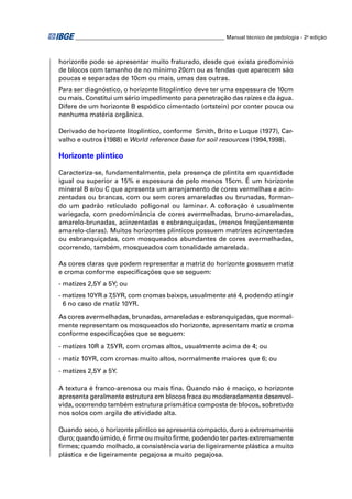 ________________________________________________________ Manual técnico de pedologia - 2a edição



horizonte pode se apresentar muito fraturado, desde que exista predomínio
de blocos com tamanho de no mínimo 20cm ou as fendas que aparecem são
poucas e separadas de 10cm ou mais, umas das outras.
Para ser diagnóstico, o horizonte litoplíntico deve ter uma espessura de 10cm
ou mais. Constitui um sério impedimento para penetração das raízes e da água.
Difere de um horizonte B espódico cimentado (ortstein) por conter pouca ou
nenhuma matéria orgânica.

Derivado de horizonte litoplíntico, conforme Smith, Brito e Luque (1977), Car-
valho e outros (1988) e World reference base for soil resources (1994,1998).

Horizonte plíntico

Caracteriza-se, fundamentalmente, pela presença de plintita em quantidade
igual ou superior a 15% e espessura de pelo menos 15cm. É um horizonte
mineral B e/ou C que apresenta um arranjamento de cores vermelhas e acin-
zentadas ou brancas, com ou sem cores amareladas ou brunadas, forman-
do um padrão reticulado poligonal ou laminar. A coloração é usualmente
variegada, com predominância de cores avermelhadas, bruno-amareladas,
amarelo-brunadas, acinzentadas e esbranquiçadas, (menos freqüentemente
amarelo-claras). Muitos horizontes plínticos possuem matrizes acinzentadas
ou esbranquiçadas, com mosqueados abundantes de cores avermelhadas,
ocorrendo, também, mosqueados com tonalidade amarelada.

As cores claras que podem representar a matriz do horizonte possuem matiz
e croma conforme especiﬁcações que se seguem:
- matizes 2,5Y a 5Y; ou
- matizes 10YR a 7,5YR, com cromas baixos, usualmente até 4, podendo atingir
  6 no caso de matiz 10YR.

As cores avermelhadas, brunadas, amareladas e esbranquiçadas, que normal-
mente representam os mosqueados do horizonte, apresentam matiz e croma
conforme especiﬁcações que se seguem:
- matizes 10R a 7,5YR, com cromas altos, usualmente acima de 4; ou
- matiz 10YR, com cromas muito altos, normalmente maiores que 6; ou
- matizes 2,5Y a 5Y.

A textura é franco-arenosa ou mais ﬁna. Quando não é maciço, o horizonte
apresenta geralmente estrutura em blocos fraca ou moderadamente desenvol-
vida, ocorrendo também estrutura prismática composta de blocos, sobretudo
nos solos com argila de atividade alta.

Quando seco, o horizonte plíntico se apresenta compacto, duro a extremamente
duro; quando úmido, é ﬁrme ou muito ﬁrme, podendo ter partes extremamente
ﬁrmes; quando molhado, a consistência varia de ligeiramente plástica a muito
plástica e de ligeiramente pegajosa a muito pegajosa.
 