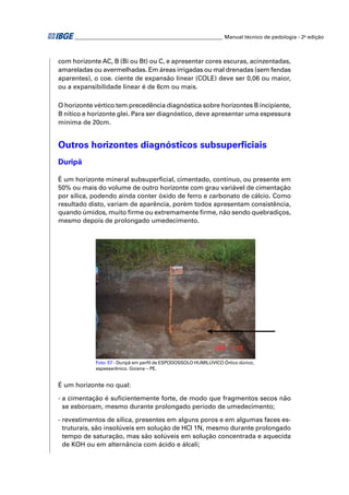 ________________________________________________________ Manual técnico de pedologia - 2a edição



com horizonte AC, B (Bi ou Bt) ou C, e apresentar cores escuras, acinzentadas,
amareladas ou avermelhadas. Em áreas irrigadas ou mal drenadas (sem fendas
aparentes), o coe. ciente de expansão linear (COLE) deve ser 0,06 ou maior,
ou a expansibilidade linear é de 6cm ou mais.

O horizonte vértico tem precedência diagnóstica sobre horizontes B incipiente,
B nítico e horizonte glei. Para ser diagnóstico, deve apresentar uma espessura
mínima de 20cm.


Outros horizontes diagnósticos subsuperﬁciais
Duripã

É um horizonte mineral subsuperﬁcial, cimentado, contínuo, ou presente em
50% ou mais do volume de outro horizonte com grau variável de cimentação
por sílica, podendo ainda conter óxido de ferro e carbonato de cálcio. Como
resultado disto, variam de aparência, porém todos apresentam consistência,
quando úmidos, muito ﬁrme ou extremamente ﬁrme, não sendo quebradiços,
mesmo depois de prolongado umedecimento.




             Foto 57 - Duripã em perﬁl de ESPODOSSOLO HUMILÚVICO Órtico dúrico,
             espessarênico. Goiana – PE.


É um horizonte no qual:

- a cimentação é suﬁcientemente forte, de modo que fragmentos secos não
  se esboroam, mesmo durante prolongado período de umedecimento;

- revestimentos de sílica, presentes em alguns poros e em algumas faces es-
  truturais, são insolúveis em solução de HCl 1N, mesmo durante prolongado
  tempo de saturação, mas são solúveis em solução concentrada e aquecida
  de KOH ou em alternância com ácido e álcali;
 