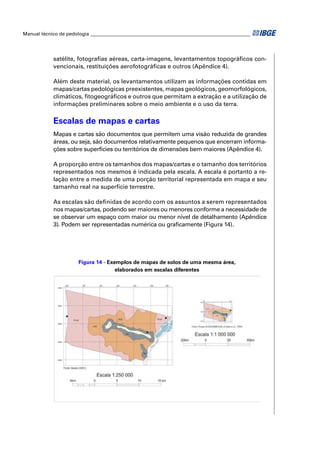 Manual técnico de pedologia __________________________________________________________________




            satélite, fotograﬁas aéreas, carta-imagens, levantamentos topográﬁcos con-
            vencionais, restituições aerofotográﬁcas e outros (Apêndice 4).

            Além deste material, os levantamentos utilizam as informações contidas em
            mapas/cartas pedológicas preexistentes, mapas geológicos, geomorfológicos,
            climáticos, ﬁtogeográﬁcos e outros que permitam a extração e a utilização de
            informações preliminares sobre o meio ambiente e o uso da terra.


            Escalas de mapas e cartas
            Mapas e cartas são documentos que permitem uma visão reduzida de grandes
            áreas, ou seja, são documentos relativamente pequenos que encerram informa-
            ções sobre superfícies ou territórios de dimensões bem maiores (Apêndice 4).

            A proporção entre os tamanhos dos mapas/cartas e o tamanho dos territórios
            representados nos mesmos é indicada pela escala. A escala é portanto a re-
            lação entre a medida de uma porção territorial representada em mapa e seu
            tamanho real na superfície terrestre.

            As escalas são deﬁnidas de acordo com os assuntos a serem representados
            nos mapas/cartas, podendo ser maiores ou menores conforme a necessidade de
            se observar um espaço com maior ou menor nível de detalhamento (Apêndice
            3). Podem ser representadas numérica ou graﬁcamente (Figura 14).




                       Figura 14 - Exemplos de mapas de solos de uma mesma área,
                                      elaborados em escalas diferentes
 