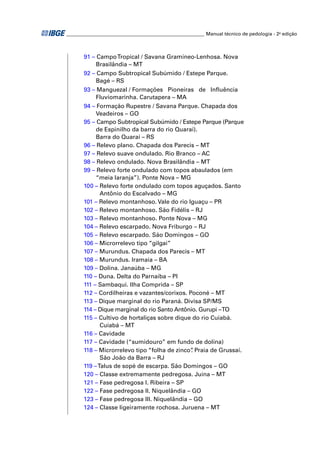 _________________________________________________________ Manual técnico de pedologia - 2a edição



       91 – Campo Tropical / Savana Gramíneo-Lenhosa. Nova
            Brasilândia – MT
       92 – Campo Subtropical Subúmido / Estepe Parque.
            Bagé – RS
       93 – Manguezal / Formações Pioneiras de Inﬂuência
            Fluviomarinha. Carutapera – MA
       94 – Formação Rupestre / Savana Parque. Chapada dos
            Veadeiros – GO
       95 – Campo Subtropical Subúmido / Estepe Parque (Parque
            de Espinilho da barra do rio Quaraí).
            Barra do Quaraí – RS
       96 – Relevo plano. Chapada dos Parecis – MT
       97 – Relevo suave ondulado. Rio Branco – AC
       98 – Relevo ondulado. Nova Brasilândia – MT
       99 – Relevo forte ondulado com topos abaulados (em
            “meia laranja”). Ponte Nova – MG
       100 – Relevo forte ondulado com topos aguçados. Santo
              Antônio do Escalvado – MG
       101 – Relevo montanhoso. Vale do rio Iguaçu – PR
       102 – Relevo montanhoso. São Fidélis – RJ
       103 – Relevo montanhoso. Ponte Nova – MG
       104 – Relevo escarpado. Nova Friburgo – RJ
       105 – Relevo escarpado. São Domingos – GO
       106 – Microrrelevo tipo “gilgai”
       107 – Murundus. Chapada dos Parecis – MT
       108 – Murundus. Iramaia – BA
       109 – Dolina. Janaúba – MG
       110 – Duna. Delta do Parnaíba – PI
       111 – Sambaqui. Ilha Comprida – SP
       112 – Cordilheiras e vazantes/corixos. Poconé – MT
       113 – Dique marginal do rio Paraná. Divisa SP/MS
       114 – Dique marginal do rio Santo Antônio. Gurupi – TO
       115 – Cultivo de hortaliças sobre dique do rio Cuiabá.
              Cuiabá – MT
       116 – Cavidade
       117 – Cavidade (“sumidouro” em fundo de dolina)
       118 – Microrrelevo tipo “folha de zinco” Praia de Grussaí.
                                               .
              São João da Barra – RJ
       119 – Talus de sopé de escarpa. São Domingos – GO
       120 – Classe extremamente pedregosa. Juína – MT
       121 – Fase pedregosa I. Ribeira – SP
       122 – Fase pedregosa II. Niquelândia – GO
       123 – Fase pedregosa III. Niquelândia – GO
       124 – Classe ligeiramente rochosa. Juruena – MT
 