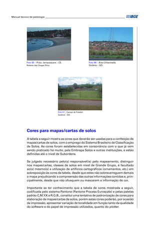 Manual técnico de pedologia __________________________________________________________________




            Foto 65 – Praia. Jeriquaquara – CE.                         Foto 66 – Área Urbanizada.
            Roberto das Chagas Silva                                    Goiânia – GO.




                                           Foto 67 – Campo de Futebol
                                           Goiânia – GO.




            Cores para mapas/cartas de solos
            A tabela a seguir mostra as cores que deverão ser usadas para a confecção de
            mapas/cartas de solos, com o emprego do Sistema Brasileiro de Classiﬁcação
            de Solos. As cores foram estabelecidas em consonância com o que já vem
            sendo praticado há muito, pela Embrapa Solos e outras instituições, e estão
            deﬁnidas até o nível de Subordens.

            Se julgado necessário pelo(s) responsável(is) pelo mapeamento, distinguir
            nos mapas/cartas, classes de solos em nível de Grande Grupo, é facultado
            ao(s) mesmo(s) a utilização de artifícios cartográﬁcos (ornamentos, etc.) em
            sobreposição às cores da tabela, desde que estes não sobrecarreguem demais
            o mapa prejudicando a compreensão das outras informações contidas e, prin-
            cipalmente, desde que não ofusquem ou mascarem a informação de cor.

            Importante se ter conhecimento que a tabela de cores mostrada a seguir,
            codiﬁcada pelo sistema Pantone (Pantone Process Euroscale) e pelas paletas
            padrão C,M,Y,K e R.G.B., constitui uma tentativa de padronização de cores para
            elaboração de mapas/cartas de solos, porém estas cores poderão, por ocasião
            da impressão, apresentar variação de tonalidade em função tanto da qualidade
            do software e do papel de impressão utilizados, quanto do plotter.
 