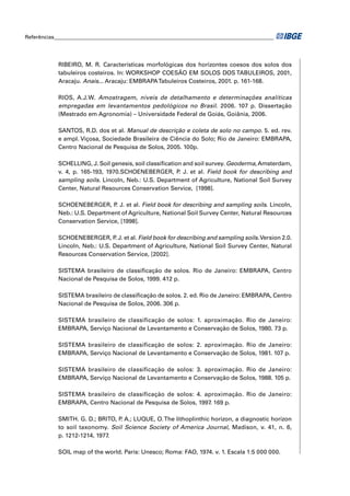 Referências___________________________________________________________________________________




            RIBEIRO, M. R. Características morfológicas dos horizontes coesos dos solos dos
            tabuleiros costeiros. In: WORKSHOP COESÃO EM SOLOS DOS TABULEIROS, 2001,
            Aracaju. Anais... Aracaju: EMBRAPA Tabuleiros Costeiros, 2001. p. 161-168.

            RIOS, A.J.W. Amostragem, níveis de detalhamento e determinações analíticas
            empregadas em levantamentos pedológicos no Brasil. 2006. 107 p. Dissertação
            (Mestrado em Agronomia) – Universidade Federal de Goiás, Goiânia, 2006.

            SANTOS, R.D. dos et al. Manual de descrição e coleta de solo no campo. 5. ed. rev.
            e ampl. Viçosa, Sociedade Brasileira de Ciência do Solo; Rio de Janeiro: EMBRAPA,
            Centro Nacional de Pesquisa de Solos, 2005. 100p.

            SCHELLING, J. Soil genesis, soil classiﬁcation and soil survey. Geoderma, Amsterdam,
            v. 4, p. 165-193, 1970.SCHOENEBERGER, P J. et al. Field book for describing and
                                                         .
            sampling soils. Lincoln, Neb.: U.S. Department of Agriculture, National Soil Survey
            Center, Natural Resources Conservation Service, [1998].

            SCHOENEBERGER, P J. et al. Field book for describing and sampling soils. Lincoln,
                                .
            Neb.: U.S. Department of Agriculture, National Soil Survey Center, Natural Resources
            Conservation Service, [1998].

            SCHOENEBERGER, P J. et al. Field book for describing and sampling soils. Version 2.0.
                                 .
            Lincoln, Neb.: U.S. Department of Agriculture, National Soil Survey Center, Natural
            Resources Conservation Service, [2002].

            SISTEMA brasileiro de classiﬁcação de solos. Rio de Janeiro: EMBRAPA, Centro
            Nacional de Pesquisa de Solos, 1999. 412 p.

            SISTEMA brasileiro de classiﬁcação de solos. 2. ed. Rio de Janeiro: EMBRAPA, Centro
            Nacional de Pesquisa de Solos, 2006. 306 p.

            SISTEMA brasileiro de classificação de solos: 1. aproximação. Rio de Janeiro:
            EMBRAPA, Serviço Nacional de Levantamento e Conservação de Solos, 1980. 73 p.

            SISTEMA brasileiro de classificação de solos: 2. aproximação. Rio de Janeiro:
            EMBRAPA, Serviço Nacional de Levantamento e Conservação de Solos, 1981. 107 p.

            SISTEMA brasileiro de classificação de solos: 3. aproximação. Rio de Janeiro:
            EMBRAPA, Serviço Nacional de Levantamento e Conservação de Solos, 1988. 105 p.

            SISTEMA brasileiro de classificação de solos: 4. aproximação. Rio de Janeiro:
            EMBRAPA, Centro Nacional de Pesquisa de Solos, 1997. 169 p.

            SMITH. G. D.; BRITO, P A.; LUQUE, O. The lithoplinthic horizon, a diagnostíc horizon
                                  .
            to soil taxonomy. Soil Science Society of America Journal, Madison, v. 41, n. 6,
            p. 1212-1214, 1977.

            SOIL map of the world. Paris: Unesco; Roma: FAO, 1974. v. 1. Escala 1:5 000 000.
 